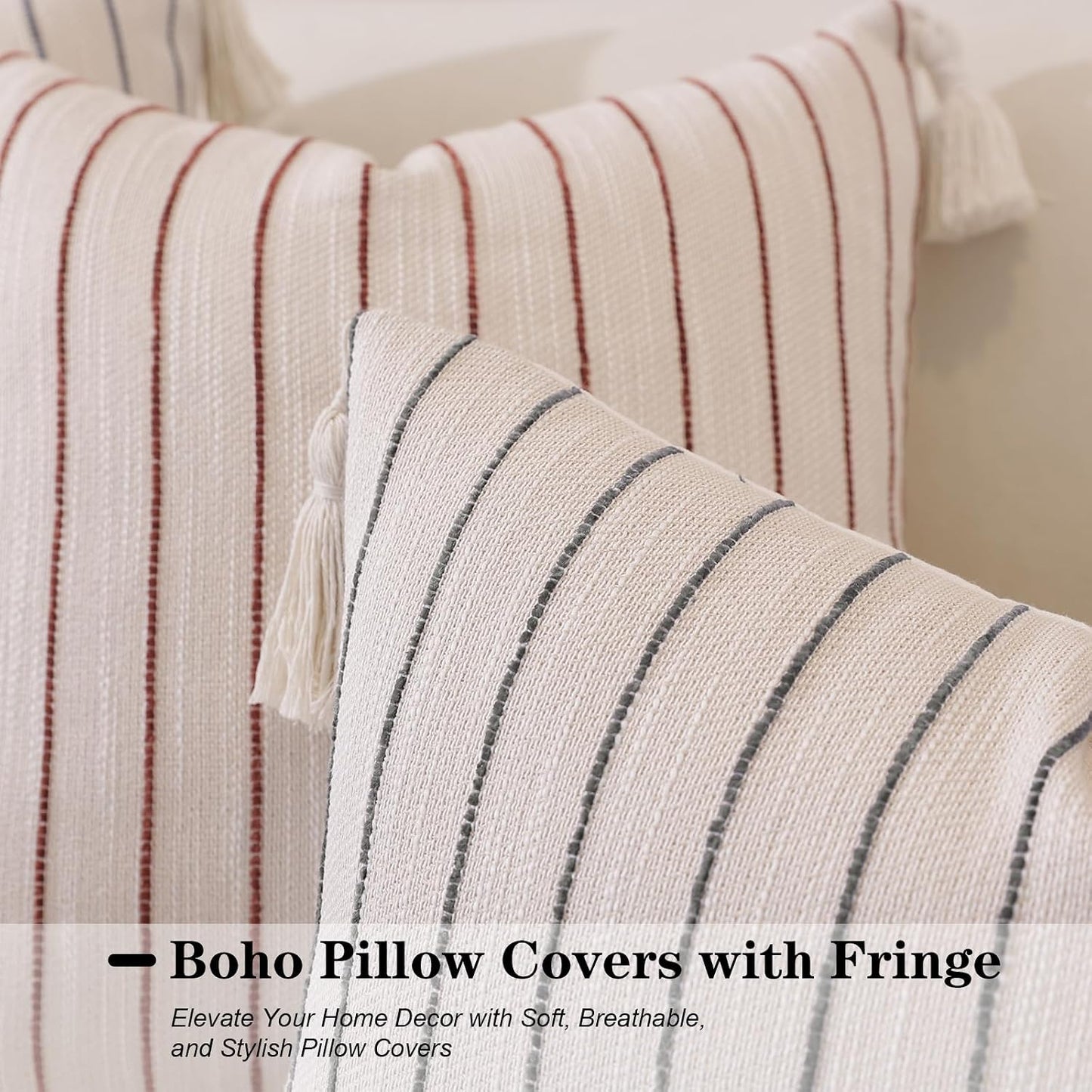 Decorative Boho Throw Pillow Covers / Coffee Brown Striped / 18 x 18 / Set of 2