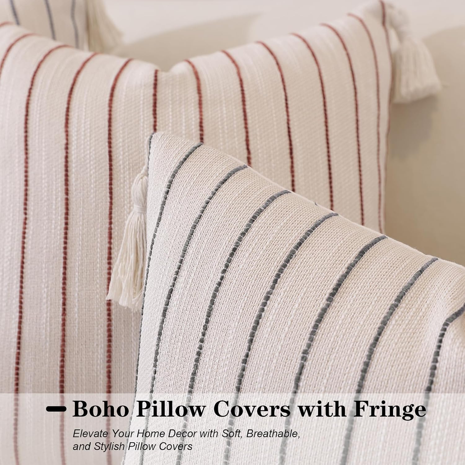 Decorative Boho Throw Pillow Covers / Coffee Brown Striped / 18 x 18 / Set of 2