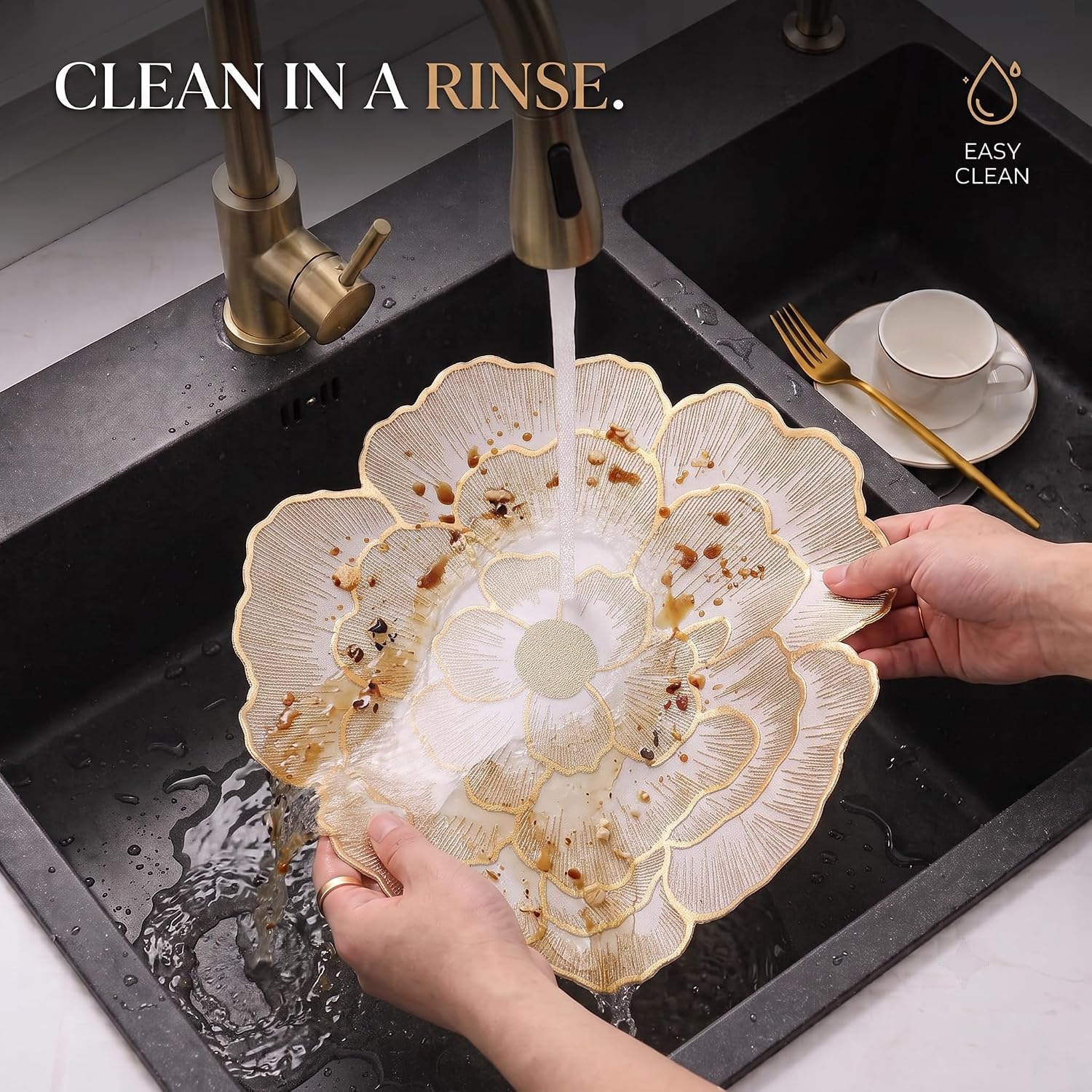 FAVE 12PCS Sparkling Floral Round Placemats Vinyl Gold Placemats | Placemats Set of 12 for Wedding, Banquets, Birthday