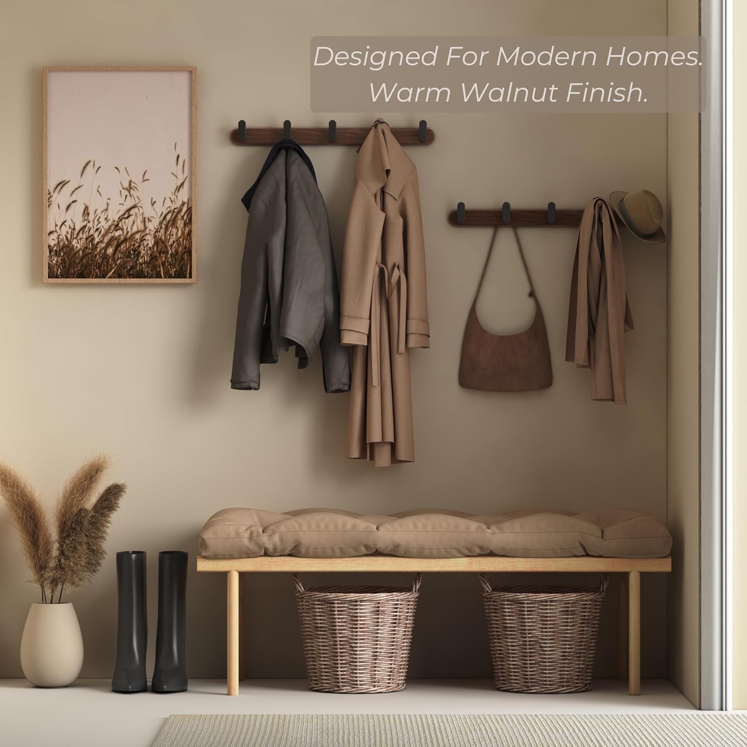 Jugen Coat Rack Wall Mount – Solid Black Walnut with 5 Heavy Duty Matte Black Hooks, Wooden Wall Coat Rack for