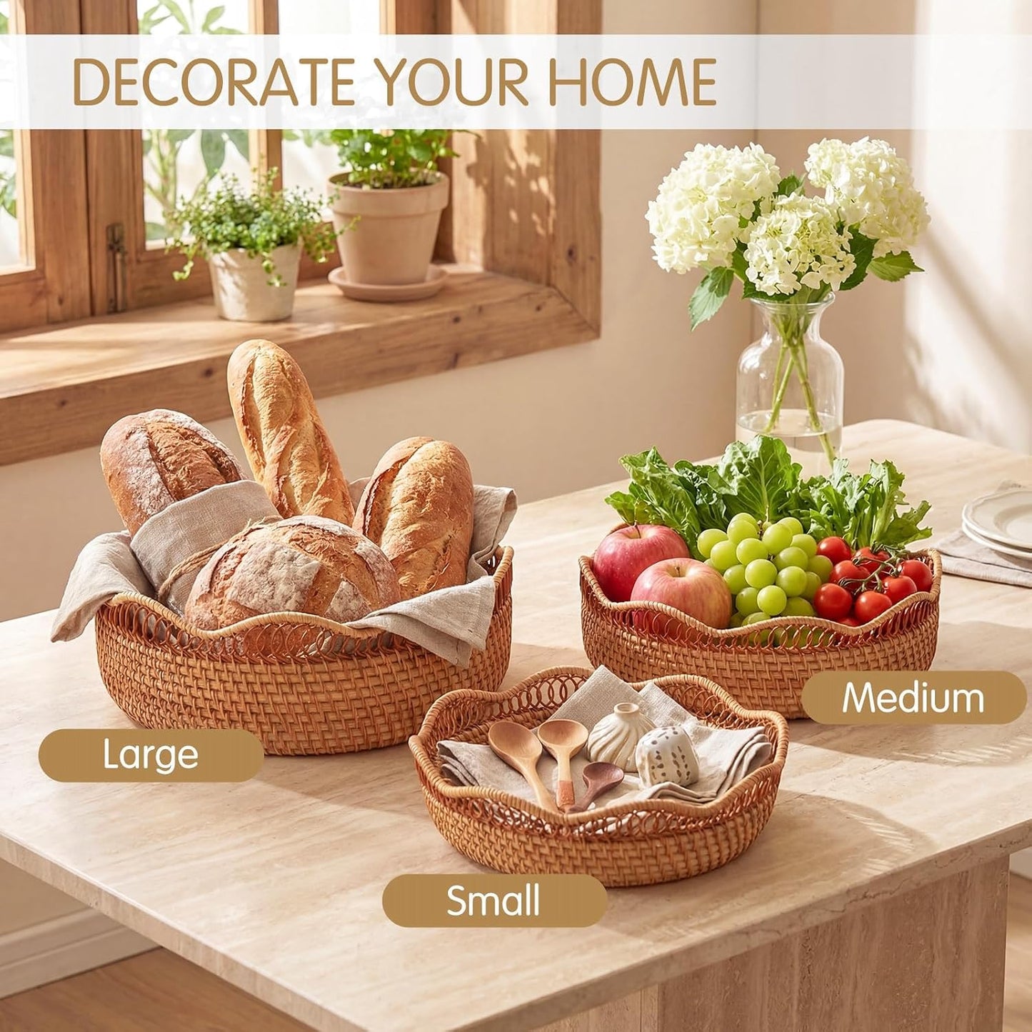 Rattan Bread Basket for Serving Wicker Bread Basket Woven Round Fruit Serving / Natural / Set of 3