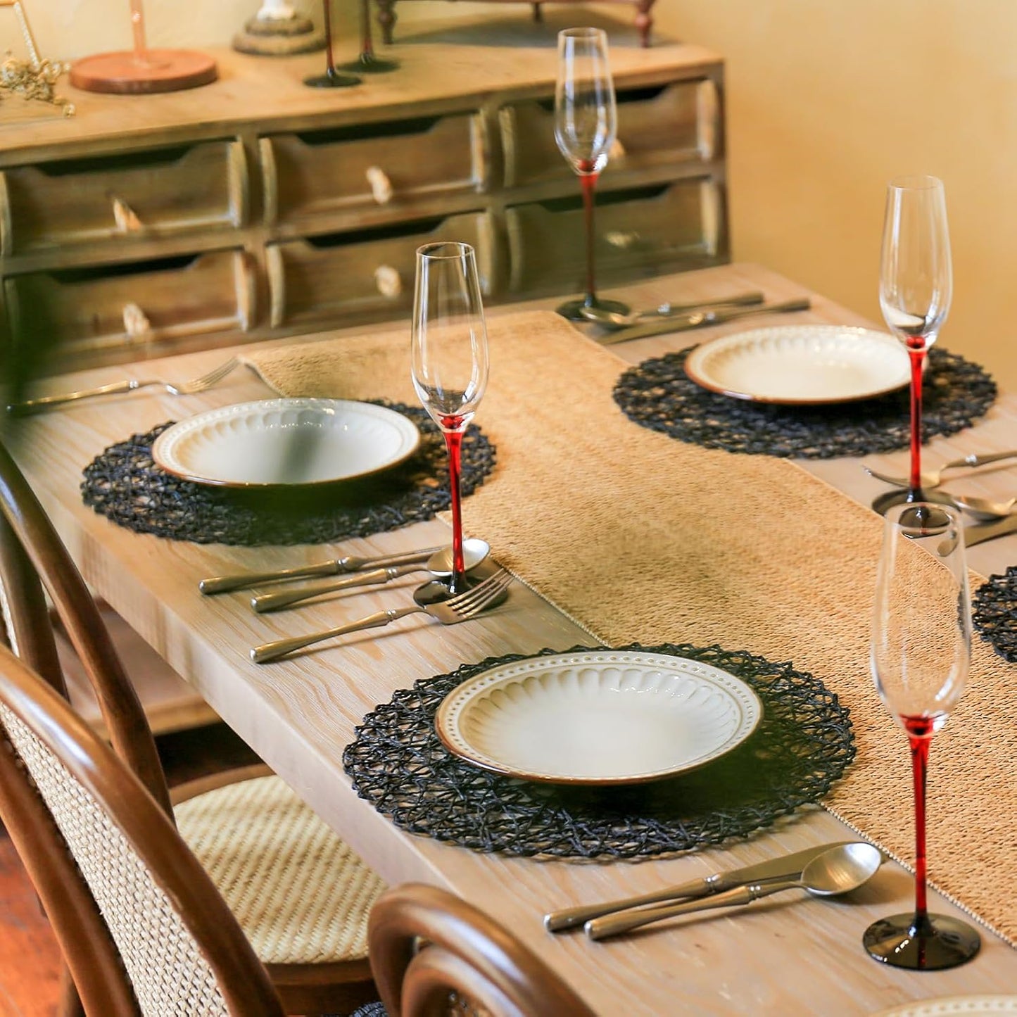 AHHFSMEI Paper Braided Round Placemats Set of 12 Natural Non-Slip Heat Resistant Table Mats for Dining Tables Woven