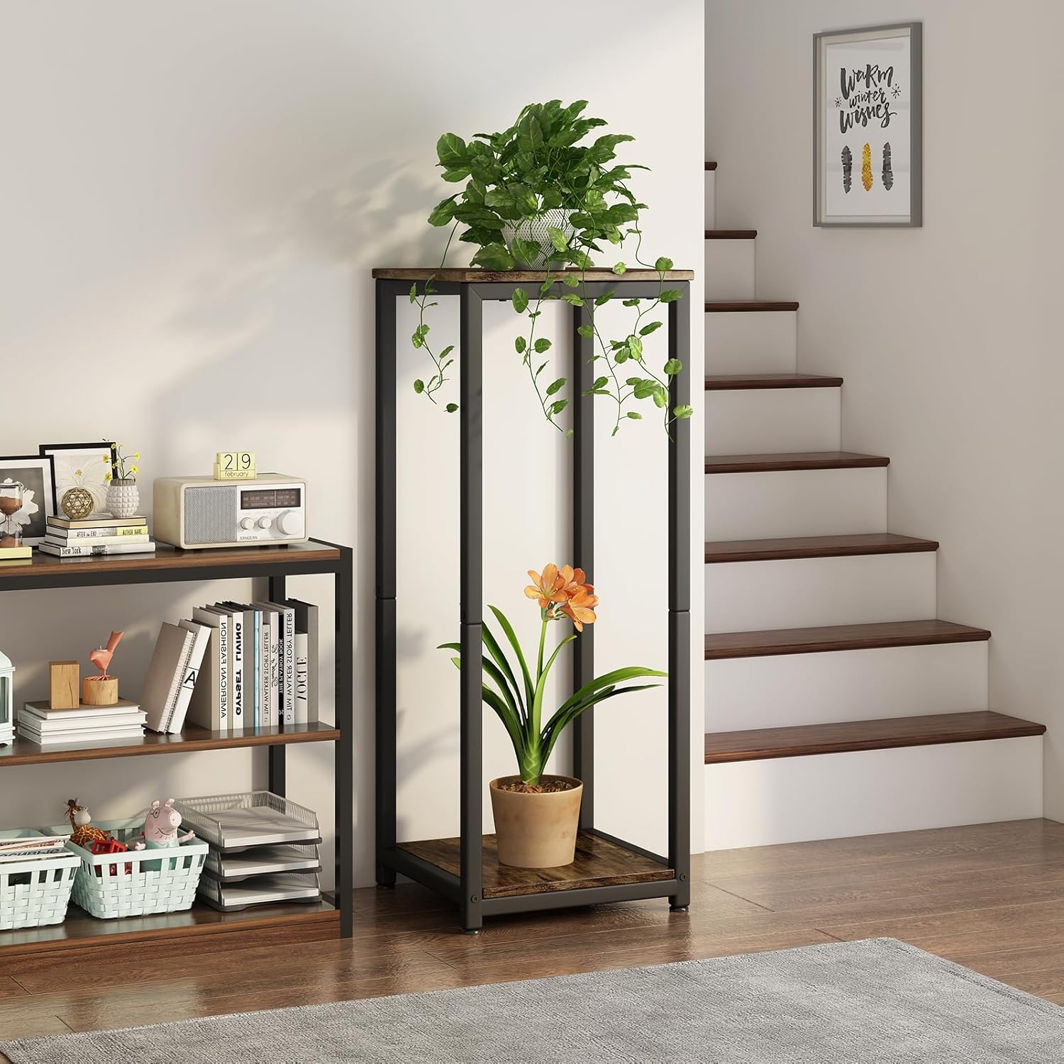 2 Tier Plant Stand Indoor Corner Tall Square Shape Plant Shelf | Modern Metal MDF board Flower Storage,Suitable tight