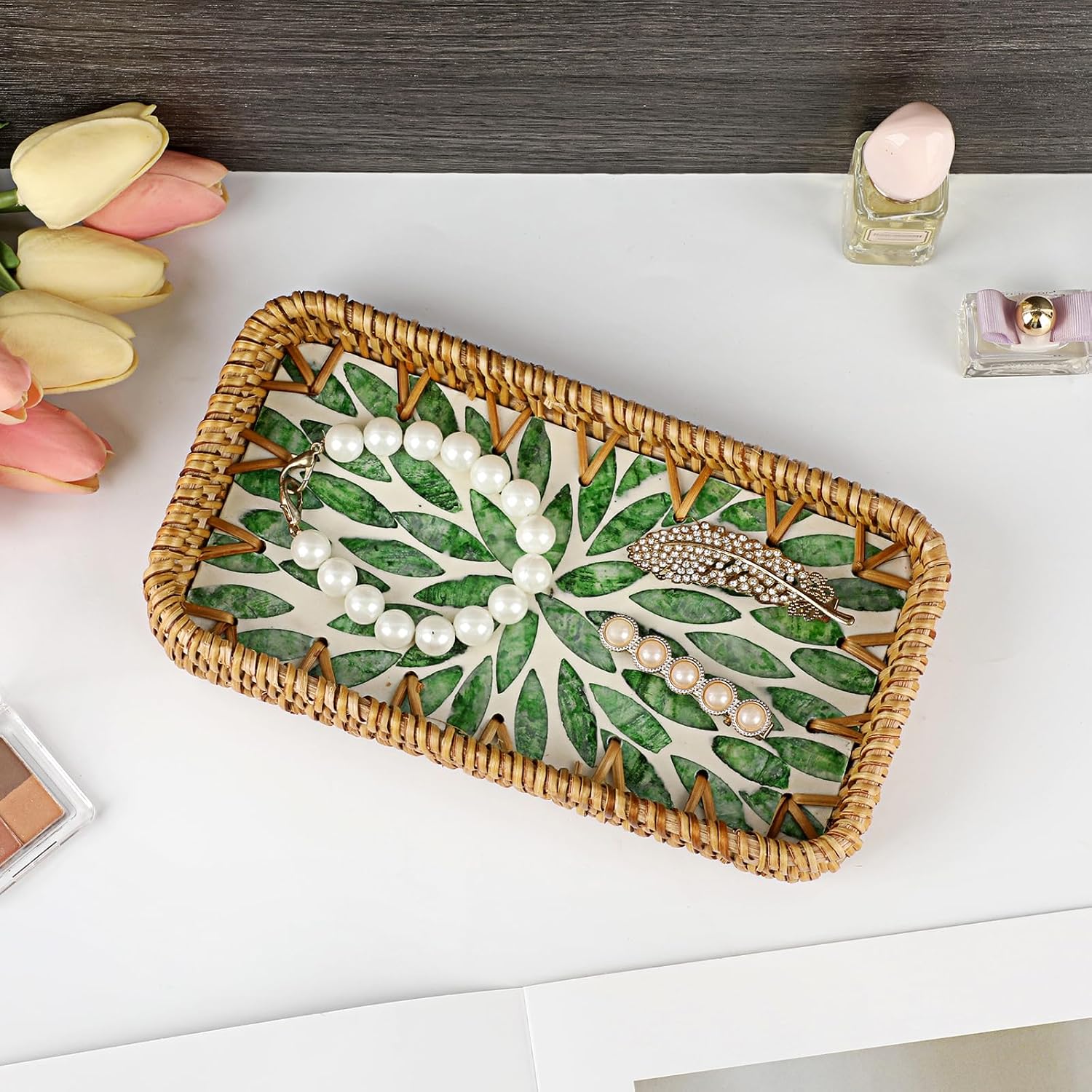 Decorative Key Basket Tray fot Entryway Table Woven Rattan Tray / 8.3 x 4.3 x 1.6 / Green