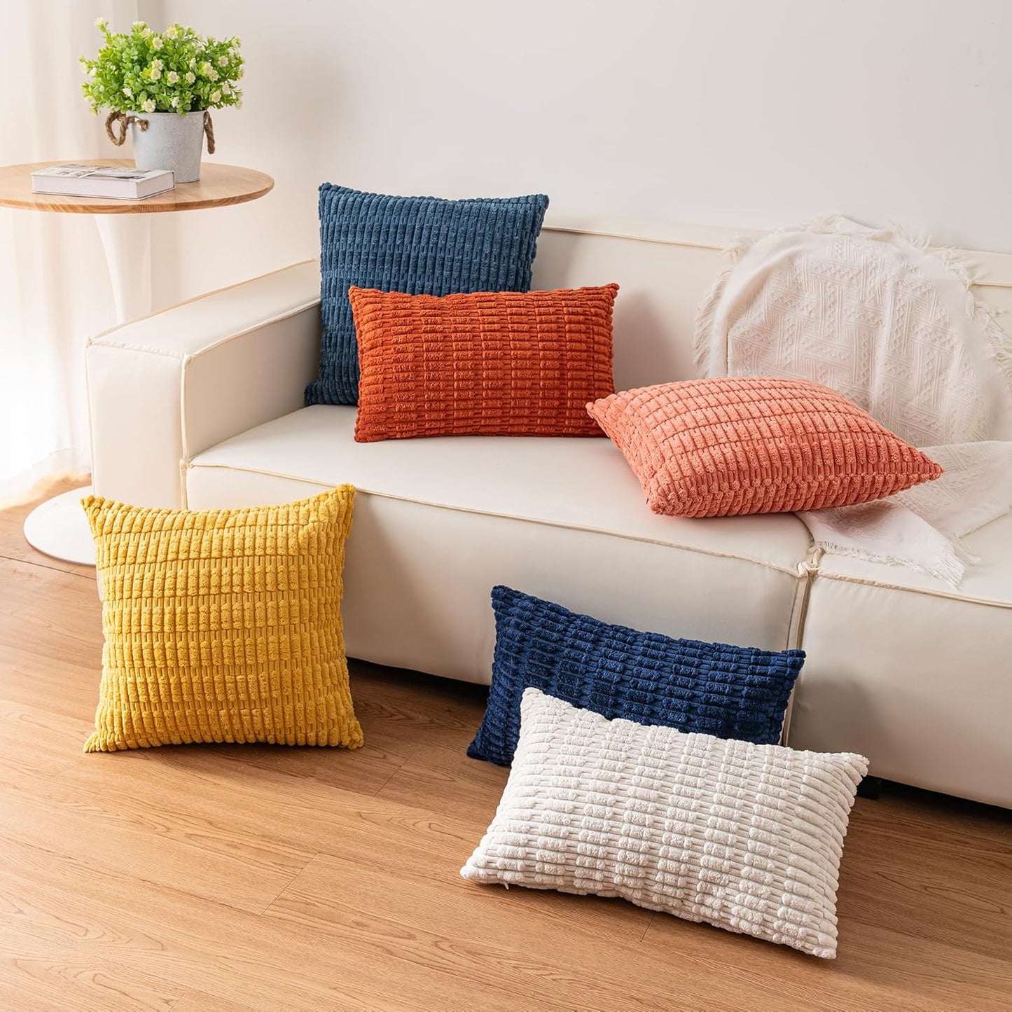 Corduroy Decorative Throw Pillow Covers Soft Striped Pillow Covers / Aqua / 18 x 18 / Set of 2