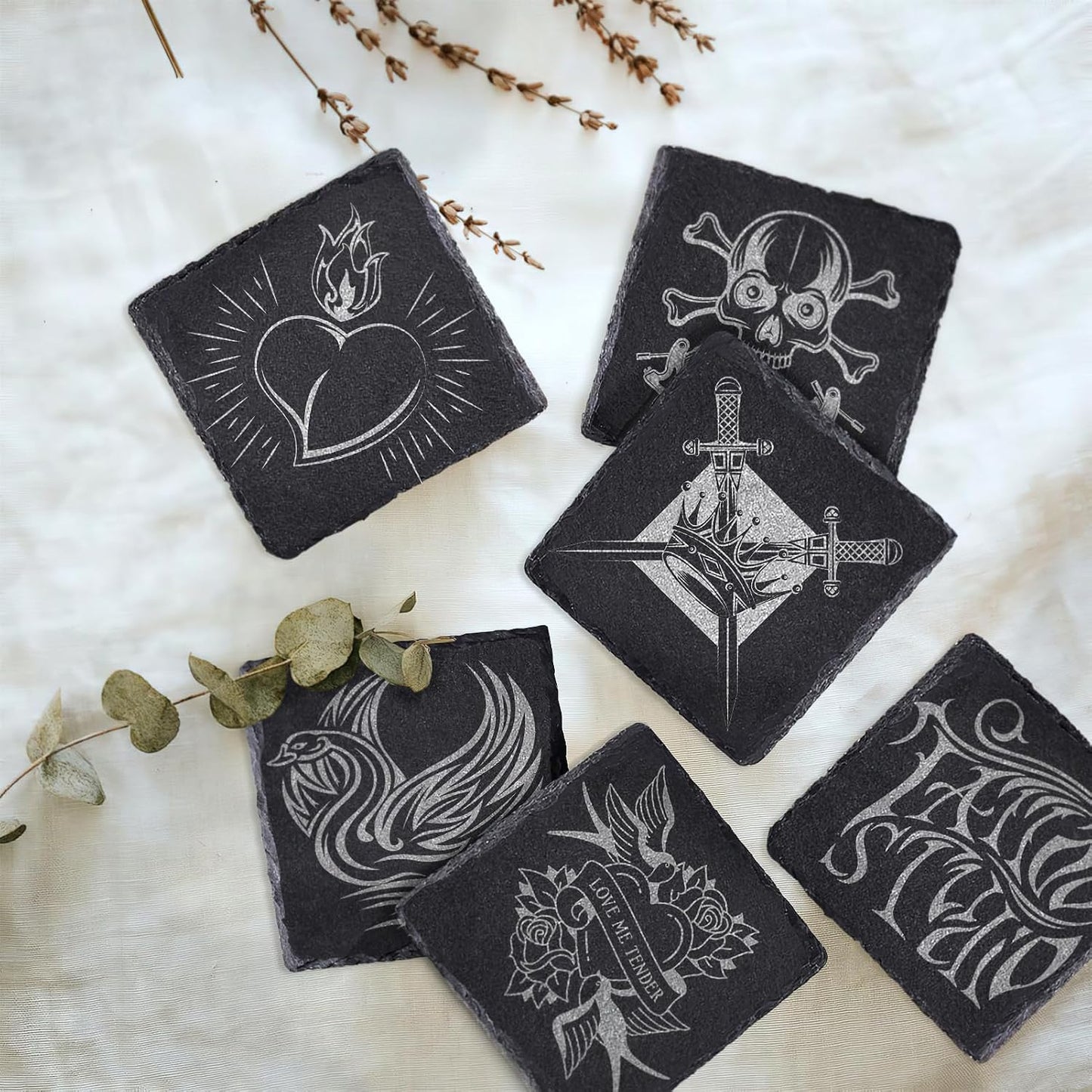 Square Slate Drink Coasters Set / 4 Square Coasters / Black / 4 Inch / Set of 4