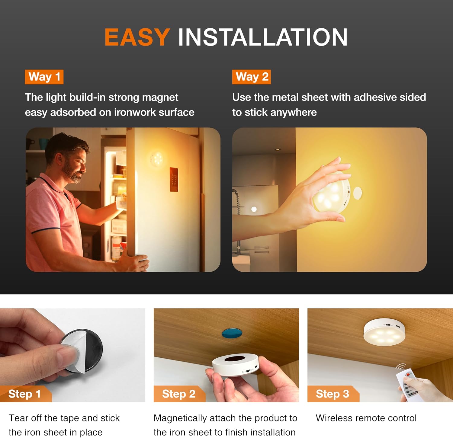 Puck Lights with Remote Control,Under Cabinet Lighting,Warm White,6 pcs | Stick On Lights,Magnetic,Cordless,1200mAh