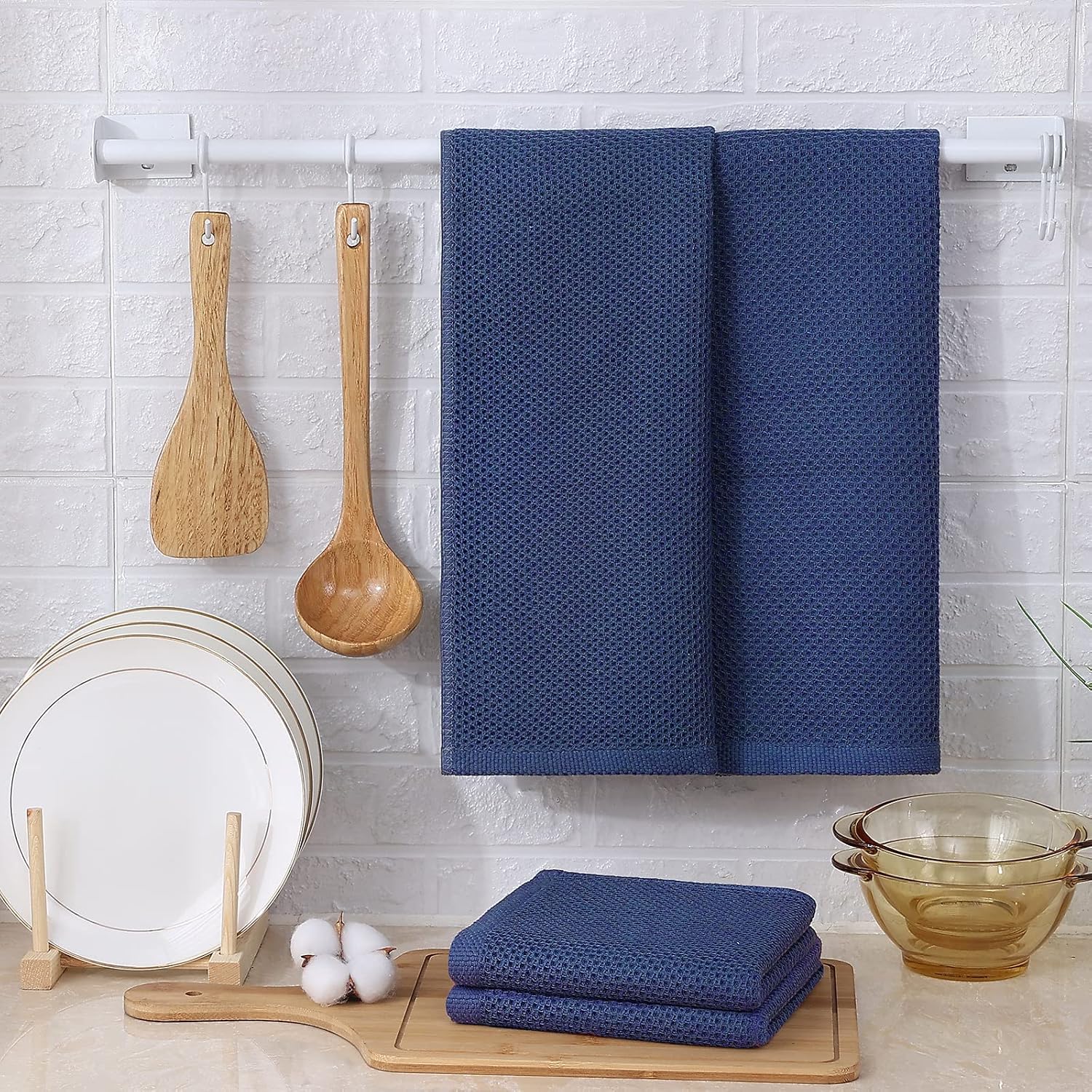 Kitinjoy 100% Cotton Waffle 6-Pack Kitchen Towels, 13" x 28", Navy Blue | Super Soft, Ultra-Absorbent, Fast Drying