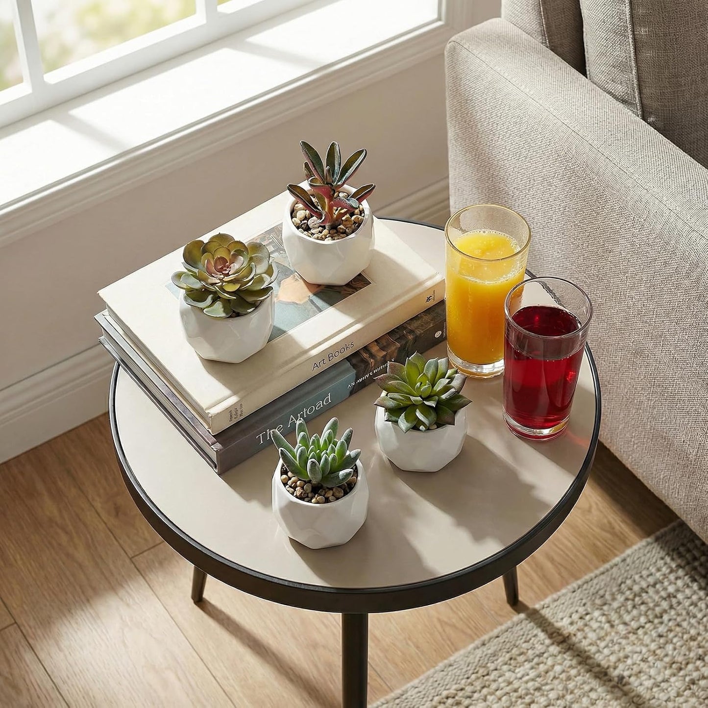 Indoor Fake House Plants in Round Geometric Ceramic Pots / White / Set of 4