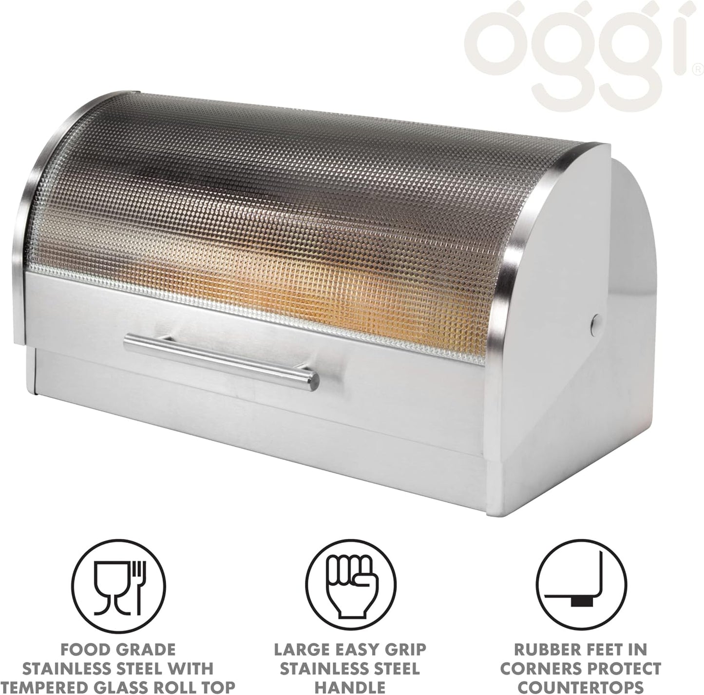 Oggi Stainless Steel Roll Top Bread Box for Kitchen Countertop with Tempered Glass Lid - Fits Multiple Large Loaves of