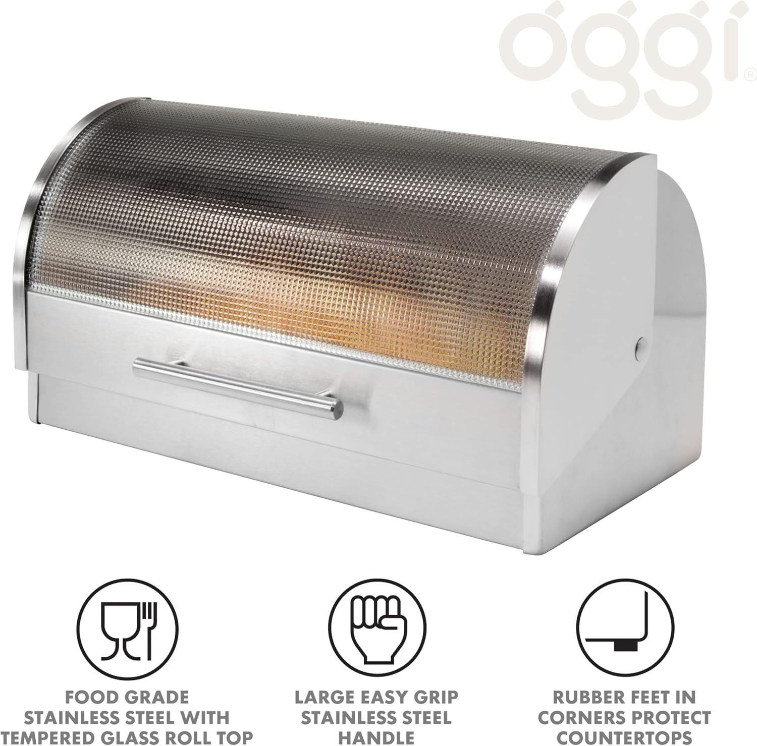 Oggi Stainless Steel Roll Top Bread Box for Kitchen Countertop with Tempered Glass Lid - Fits Multiple Large Loaves of