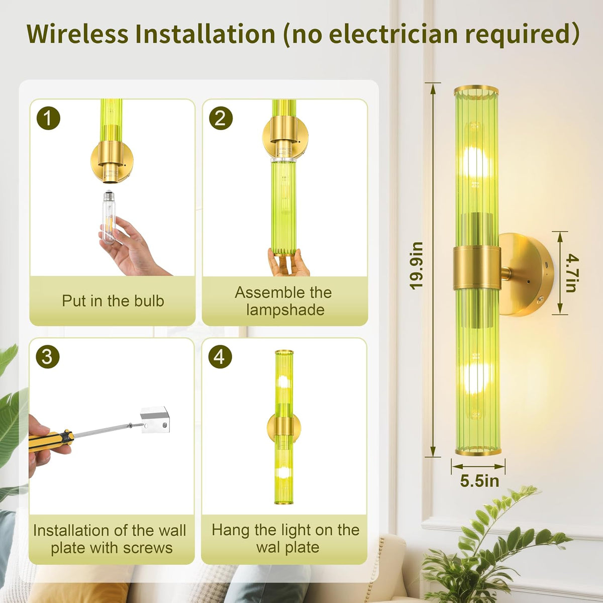 Morauroral Gold Battery Operated Wall Sconces Set of 2, Rechargeable Wall Lights with Remote Control, 20 Inch Modern