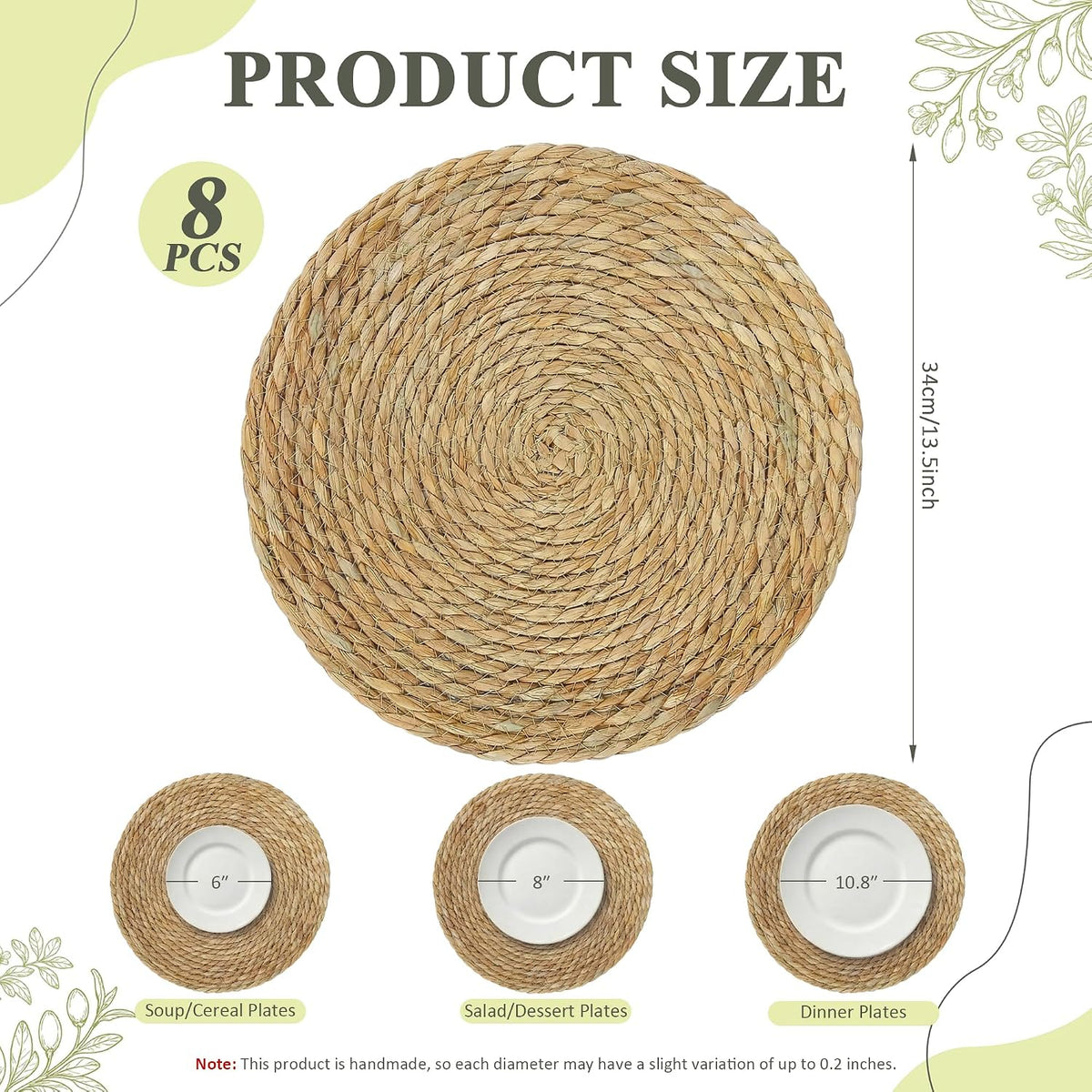 Round Woven Placemats 8PCS 13.5in Rattan Chargers Wicker Place mats | Woven Placemats Boho Farmhouse Rustic Wicker