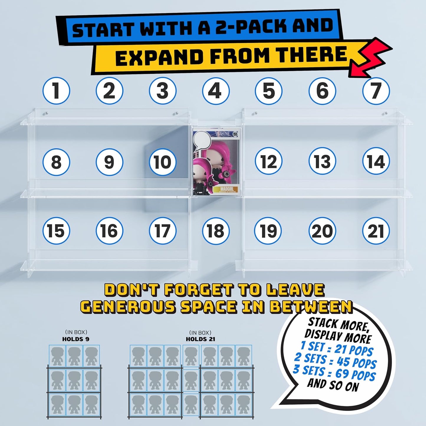 WINKINE Wall Display Shelves Compatible with 21 Funko Pop in Box, Easy Install - Only 2 Screws per Shelf, Acrylic