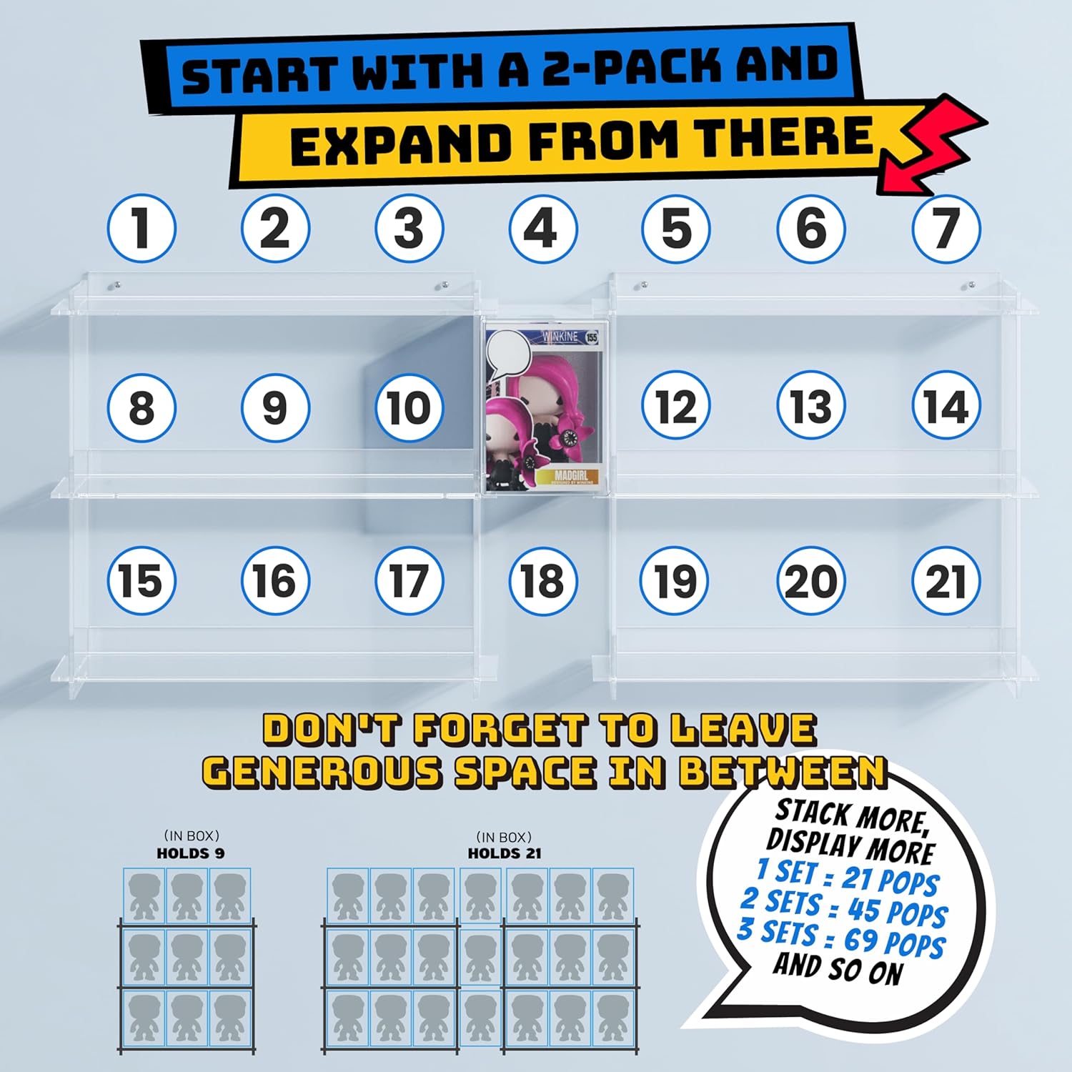 WINKINE Wall Display Shelves Compatible with 21 Funko Pop in Box, Easy Install - Only 2 Screws per Shelf, Acrylic