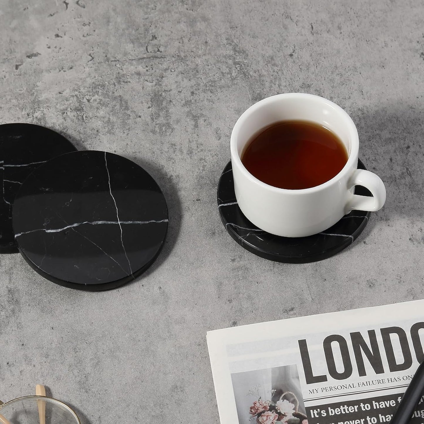 White Marble Coasters for Coffee / Black / Set of 4