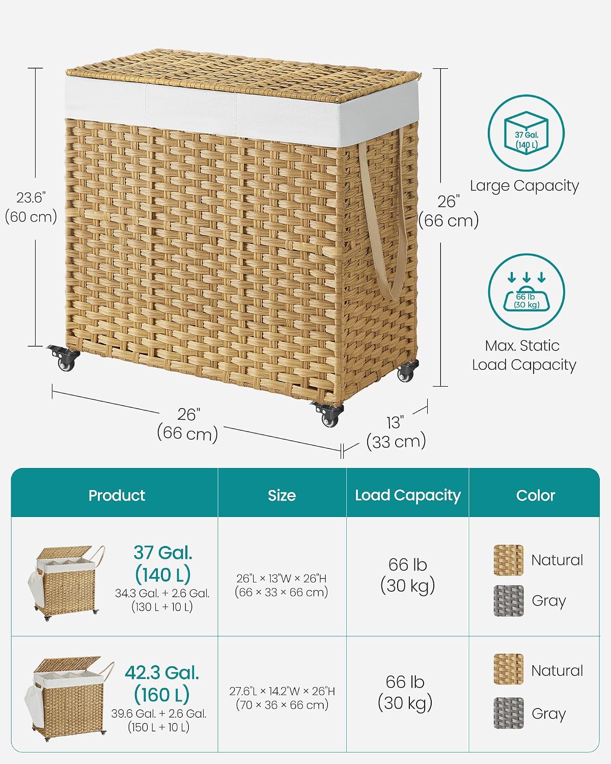 Rolling Laundry Basket / 140 L / Natural