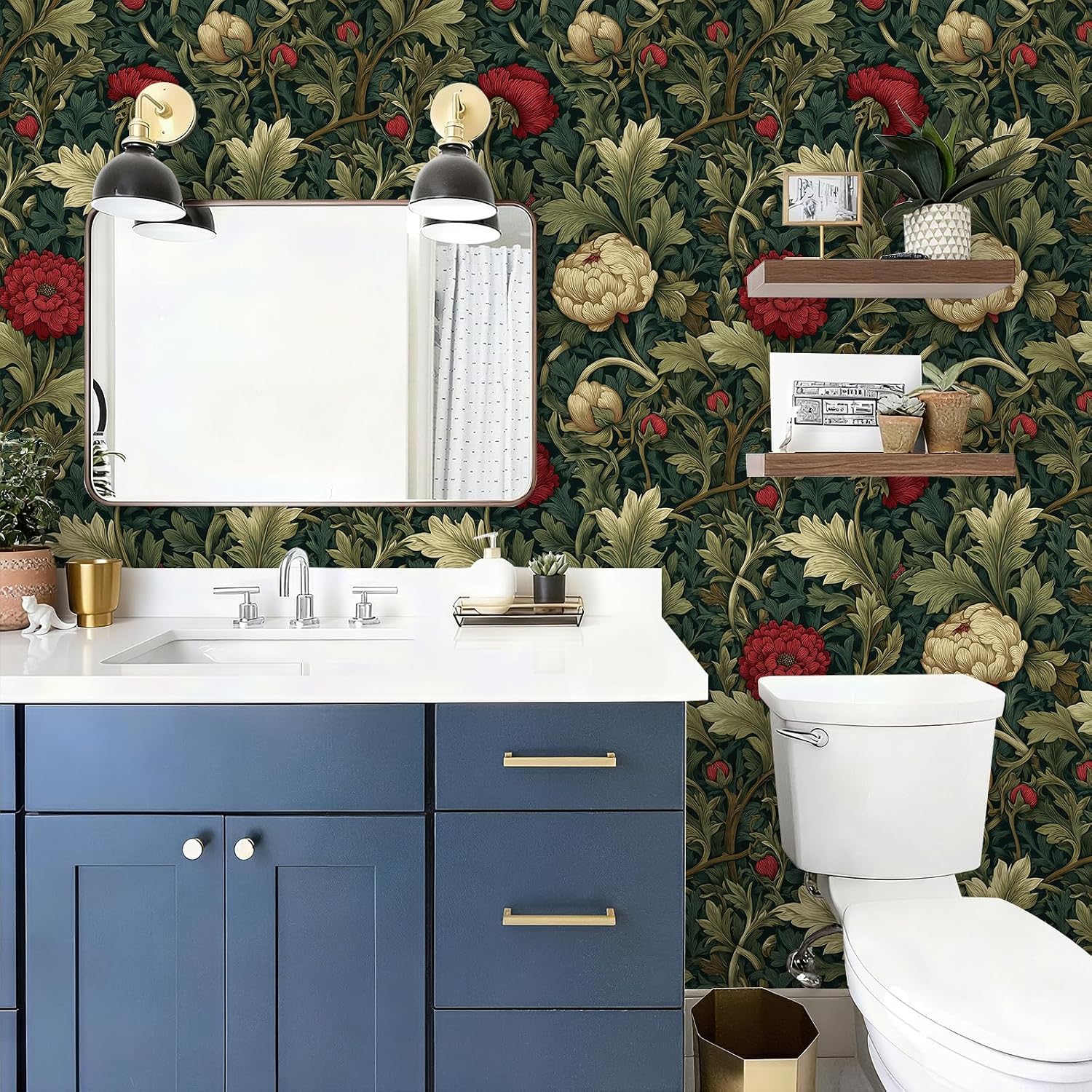 Peel and Stick Boho Art Woody Wallpaper Botanical Leaf Removable / 17.7 x 118.1 / Green/beige/red