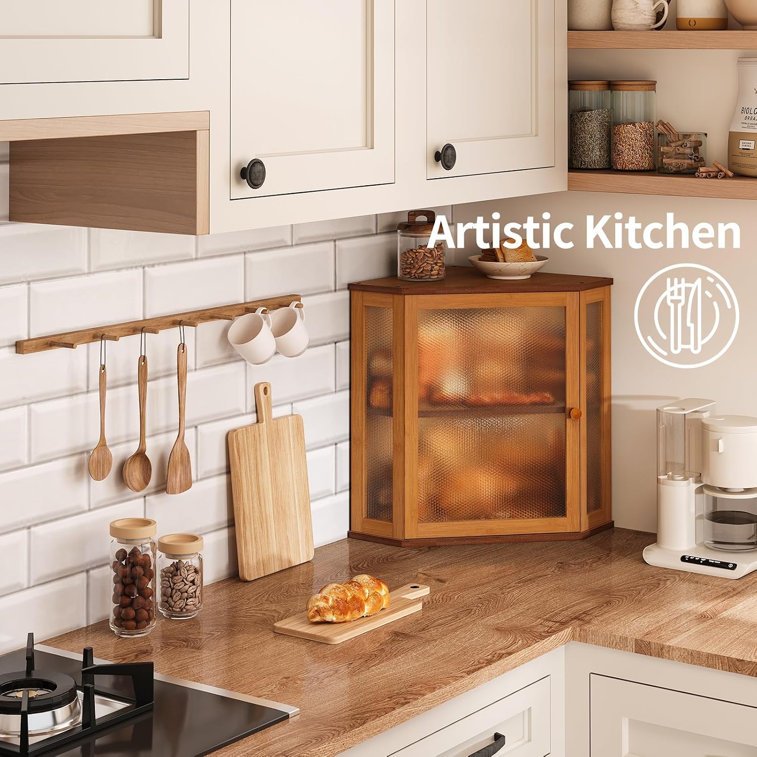 Corner Bread Box for Kitchen Countertop,Bread Storage for Homemade Bread, Double Layer Large Bamboo Kitchen Storage Bin