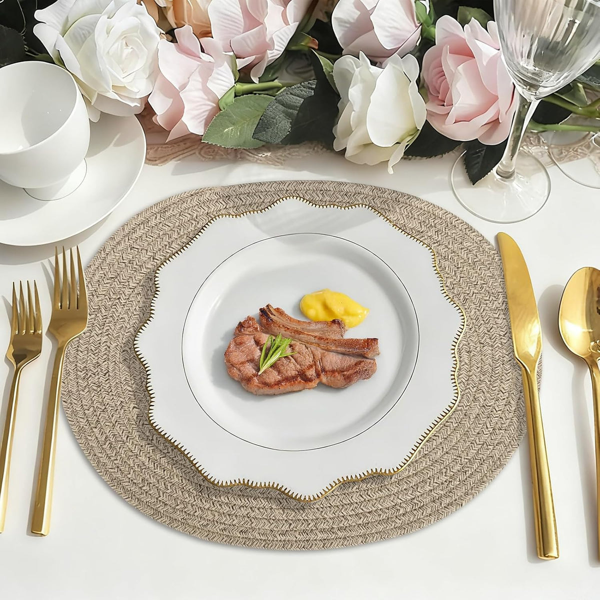Oval Woven Placemats Set of 6, Boho Cotton Rope Braided Table Mats, 17x13 Inches Non Slip Heat Resistant Place Mats for