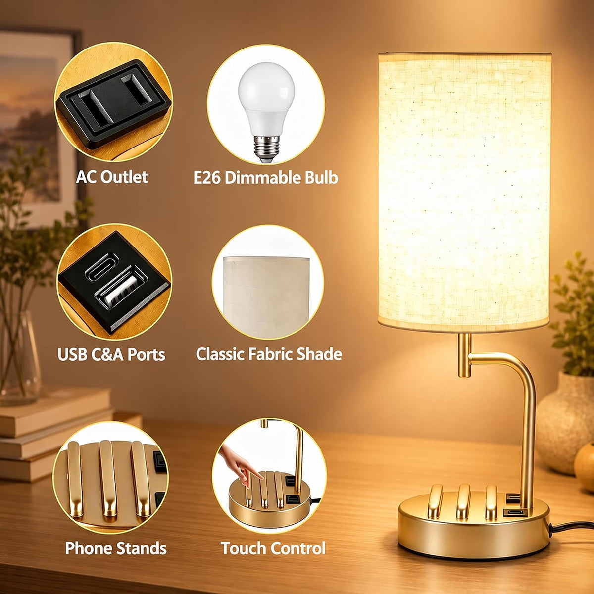 Dreamholder Touch Control USB Table Lamp with USB C/A & AC Outlet, 3-Way Dimmable Bedside Lamp, Modern Nightstand Lamps