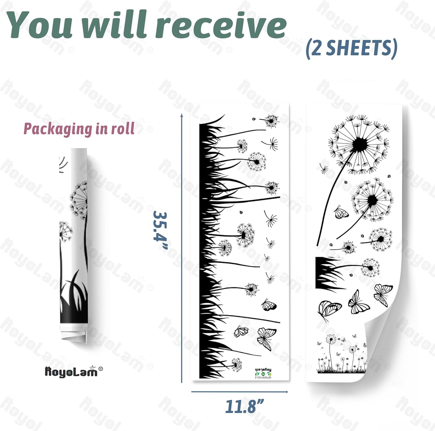 Dandelion and Butterfly Wall Decals Removable and White Nature Vinyl Stickers for Nursery / Black
