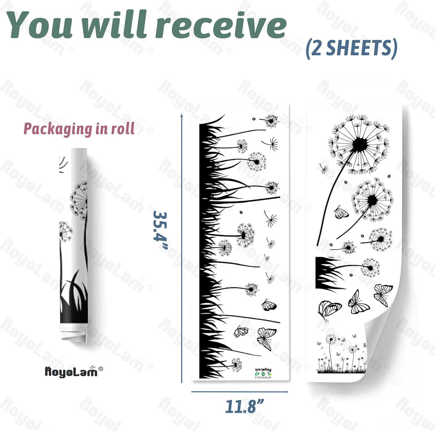 Dandelion and Butterfly Wall Decals Removable and White Nature Vinyl Stickers for Nursery / Black