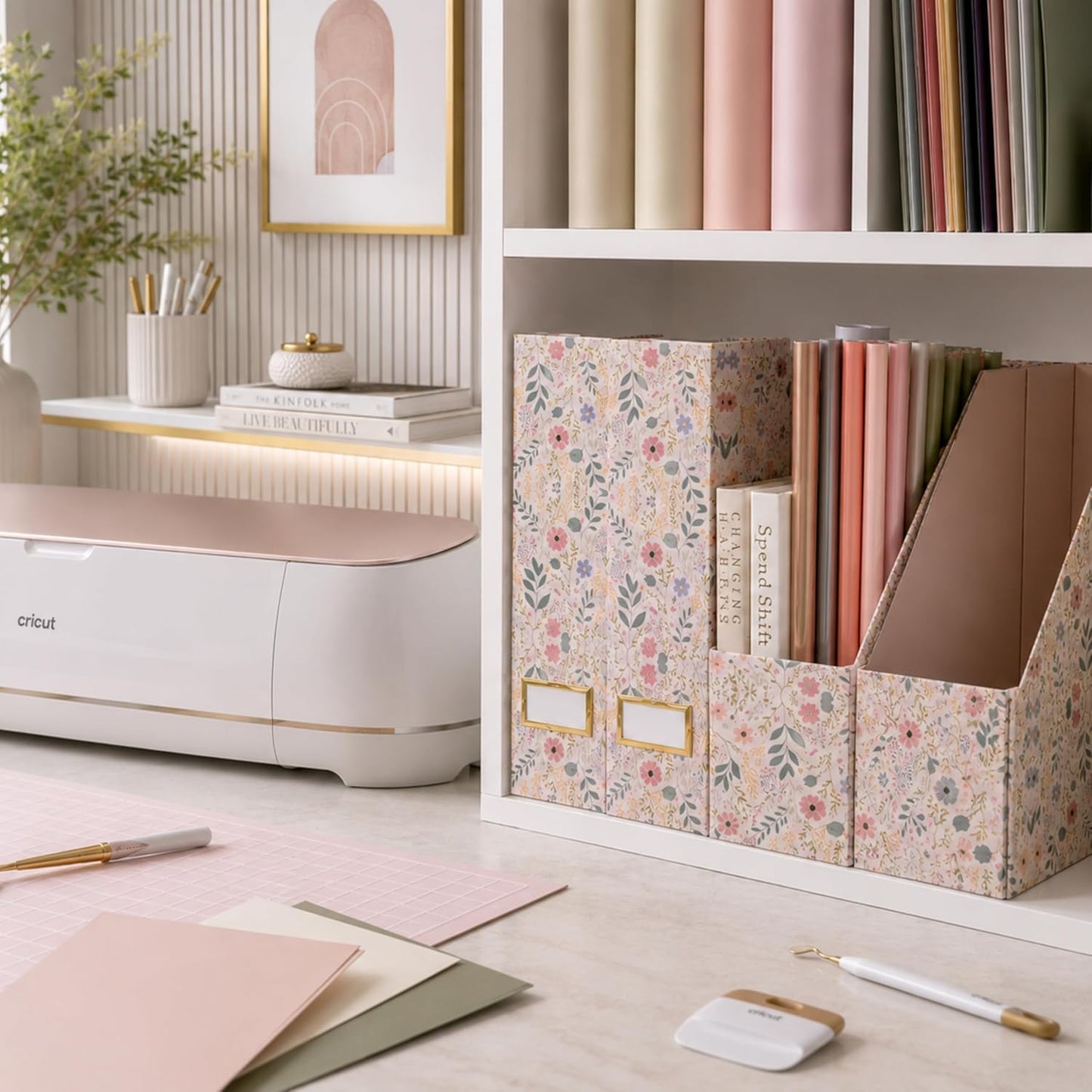 BLU MONACO | Cardboard Magazine File Holder Set of 4 | Standing File Holder with Floral Boho Design | Foldable
