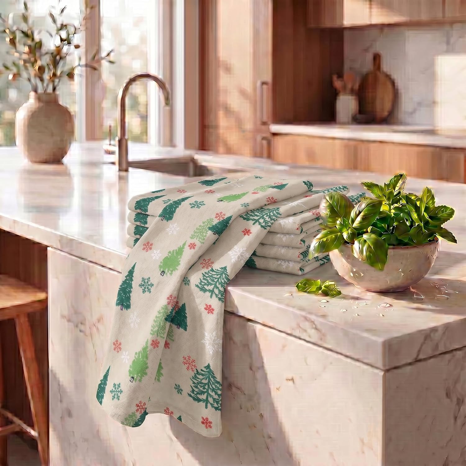 Urban Villa Kitchen Towels Cotton Dish Towels 20”x30” (Set of 6) Grn Tree Print