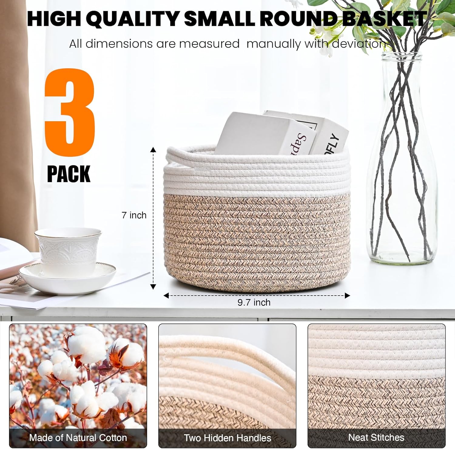 Small Woven Basket for Storage / 9.7 x 9.7 x 7 / Off White & Brown
