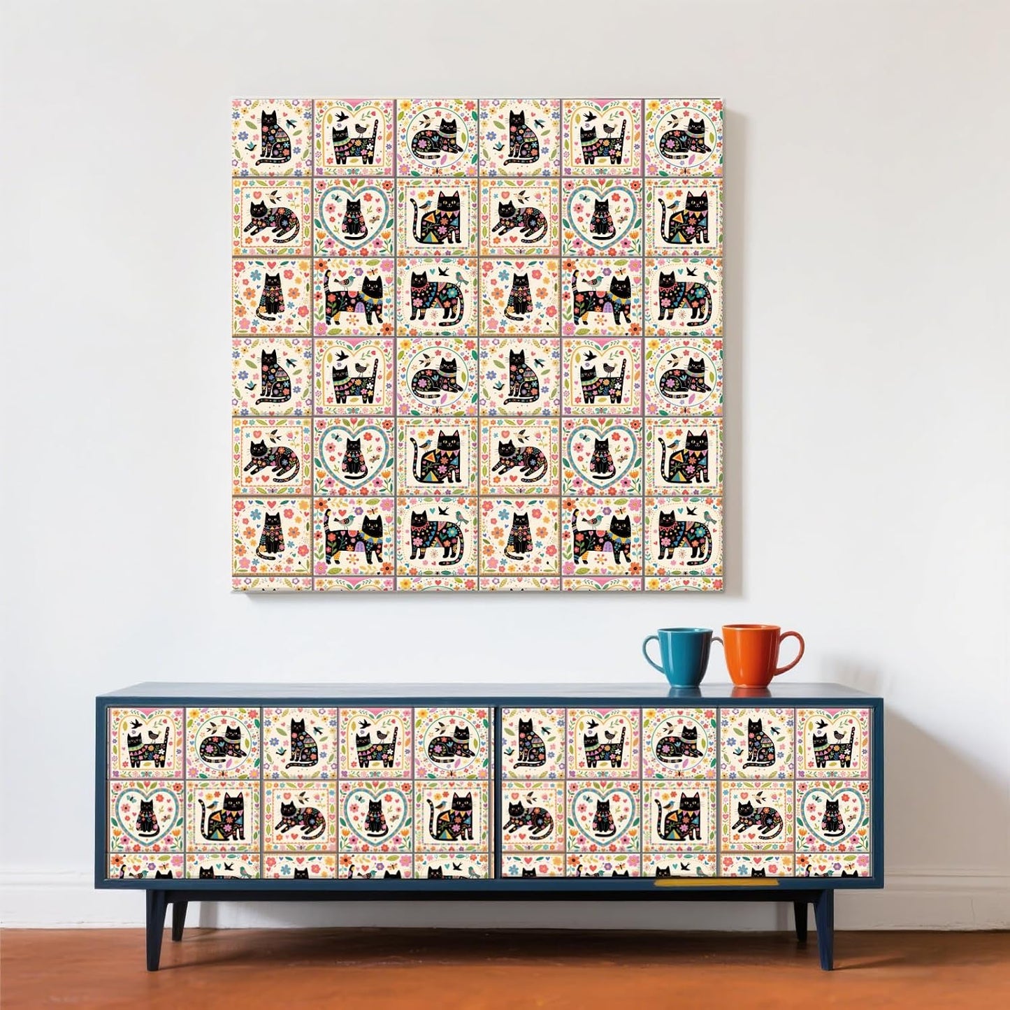 9 Style Tile Stickers Artistic Flowers Peel and Stick Wall Stickers / Black Cats / Set of 36