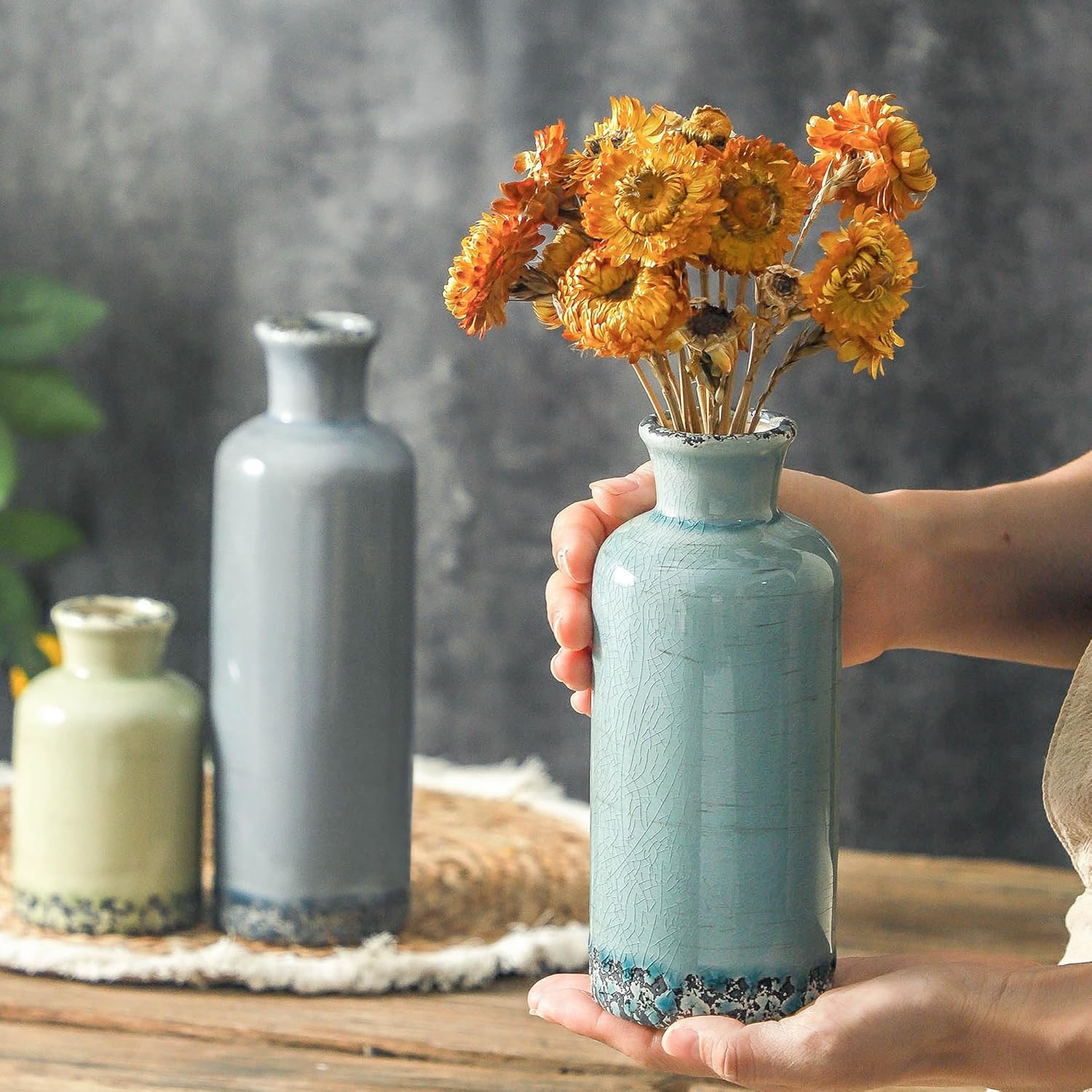 Ceramic Neutral Vases Home Decor / 007 Rustic - Blue / Set of 3