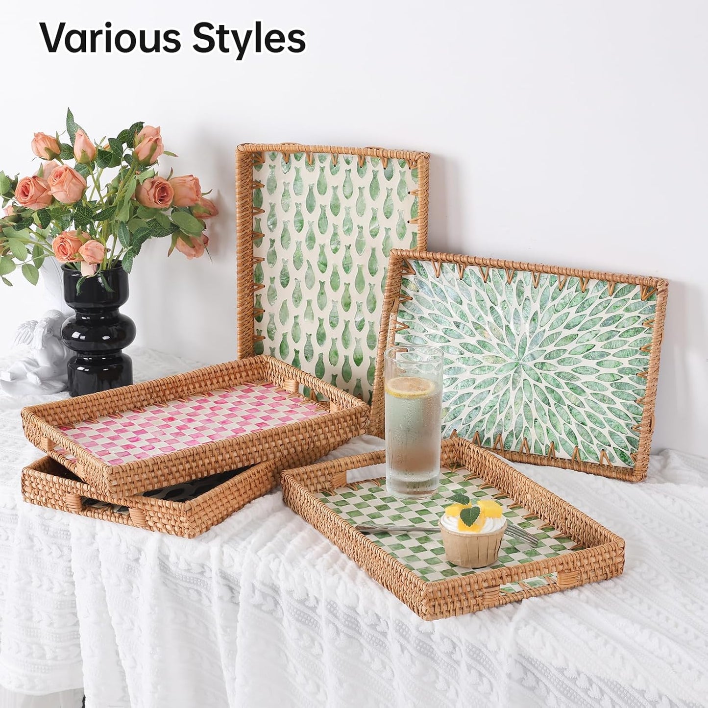 Rattan Serving Tray / Pink Checkerboard