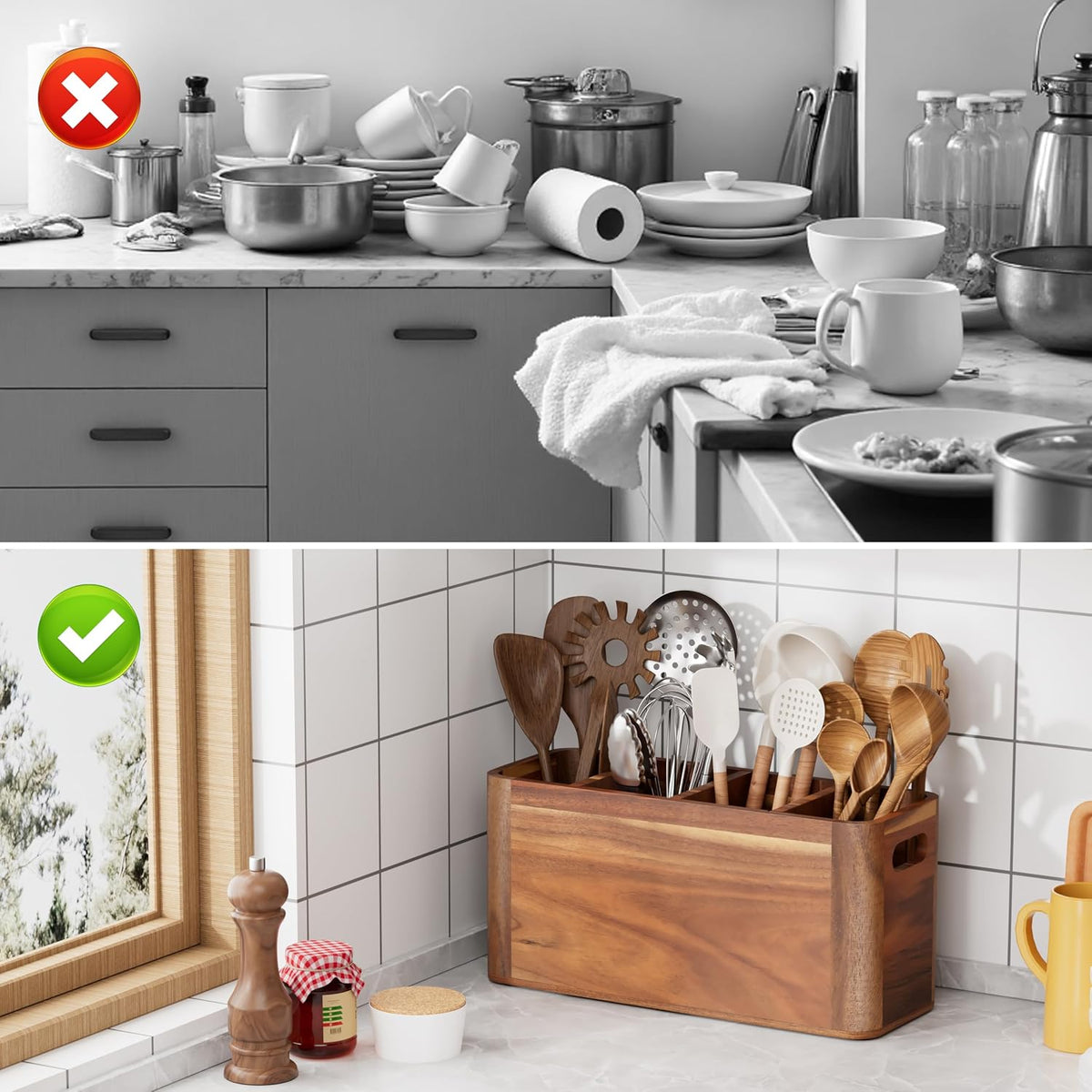 ZUJJAFY Utensil Holder, Acacia Wood Kitchen Utensil Holder for Counter with 4 Compartments, Extra Large Wooden Kitchen