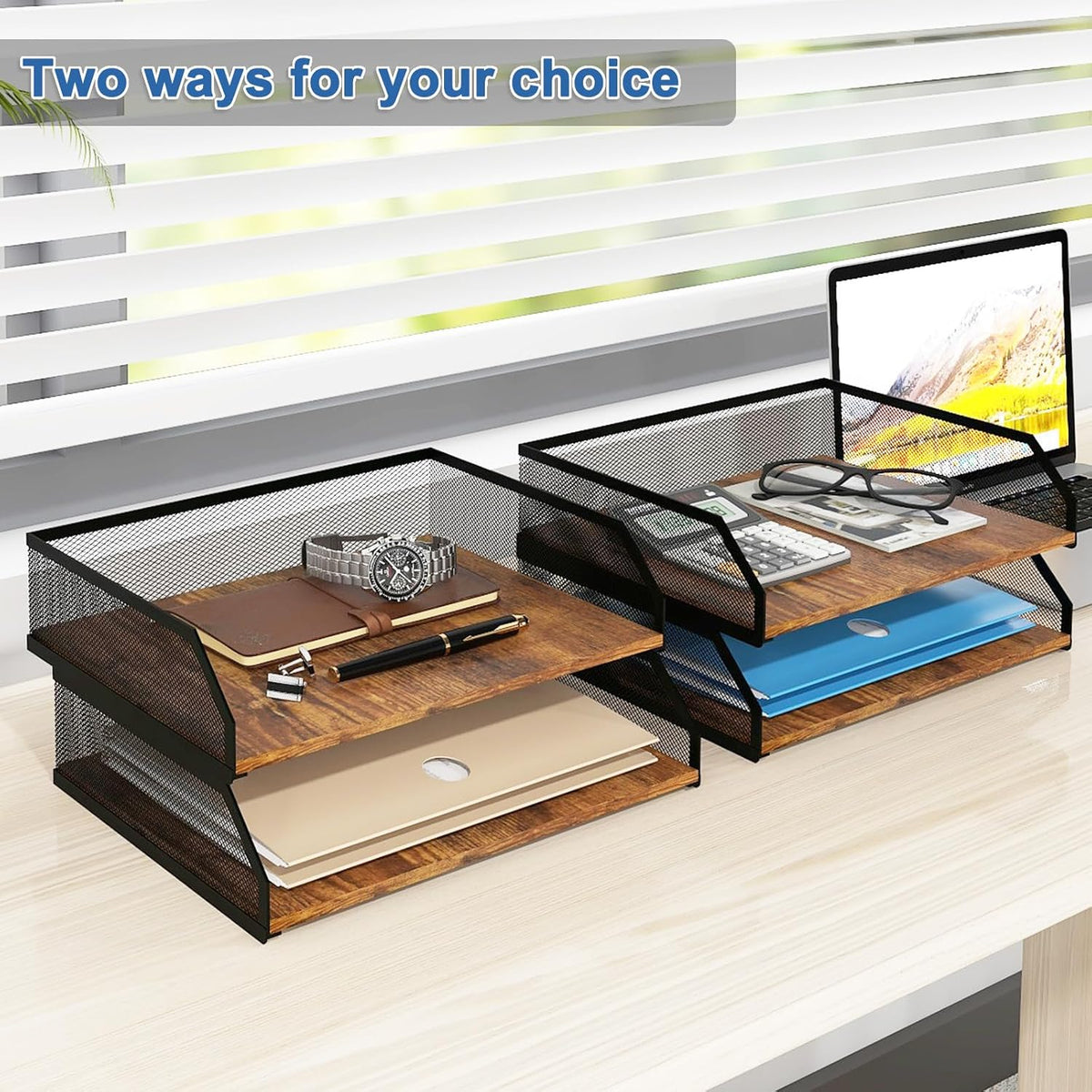 Natwind 2-Tier Stackable Metal Mesh Paper Tray Organizer,Retro | Wooden Desk Organizer, Letter Tray For Desktop,File