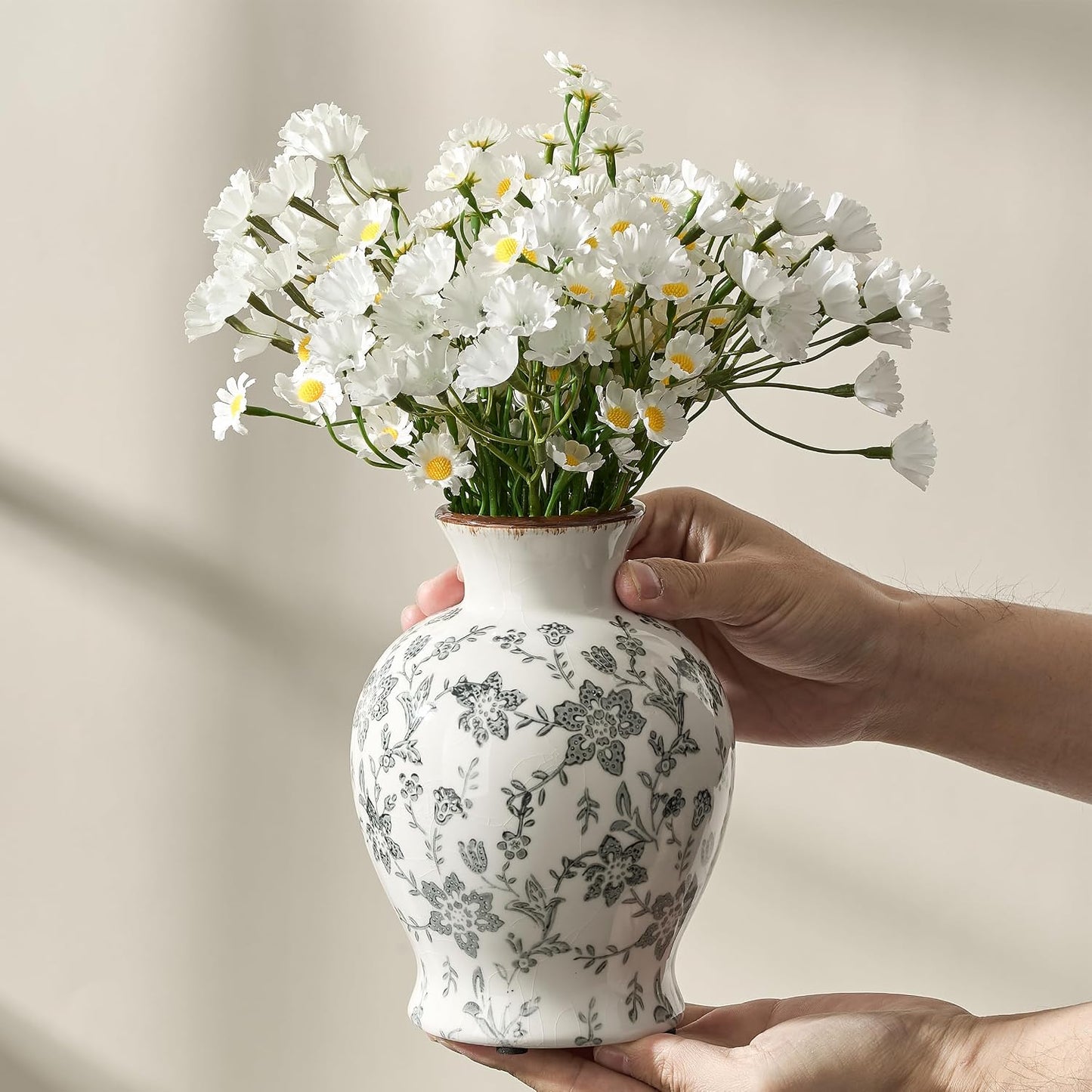 Vintage Rustic Chinoiserie Floral Vase / Gray- 6.73