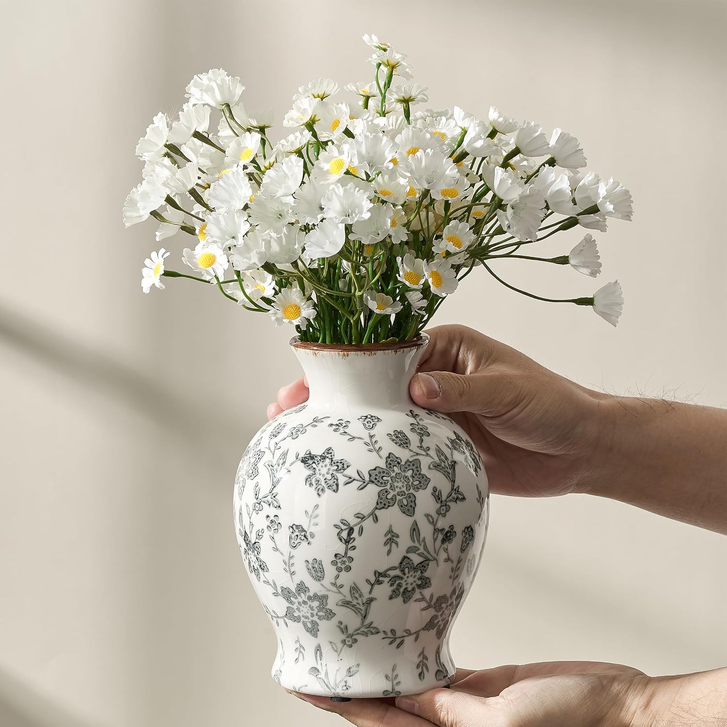 Vintage Rustic Chinoiserie Floral Vase / Gray- 6.73
