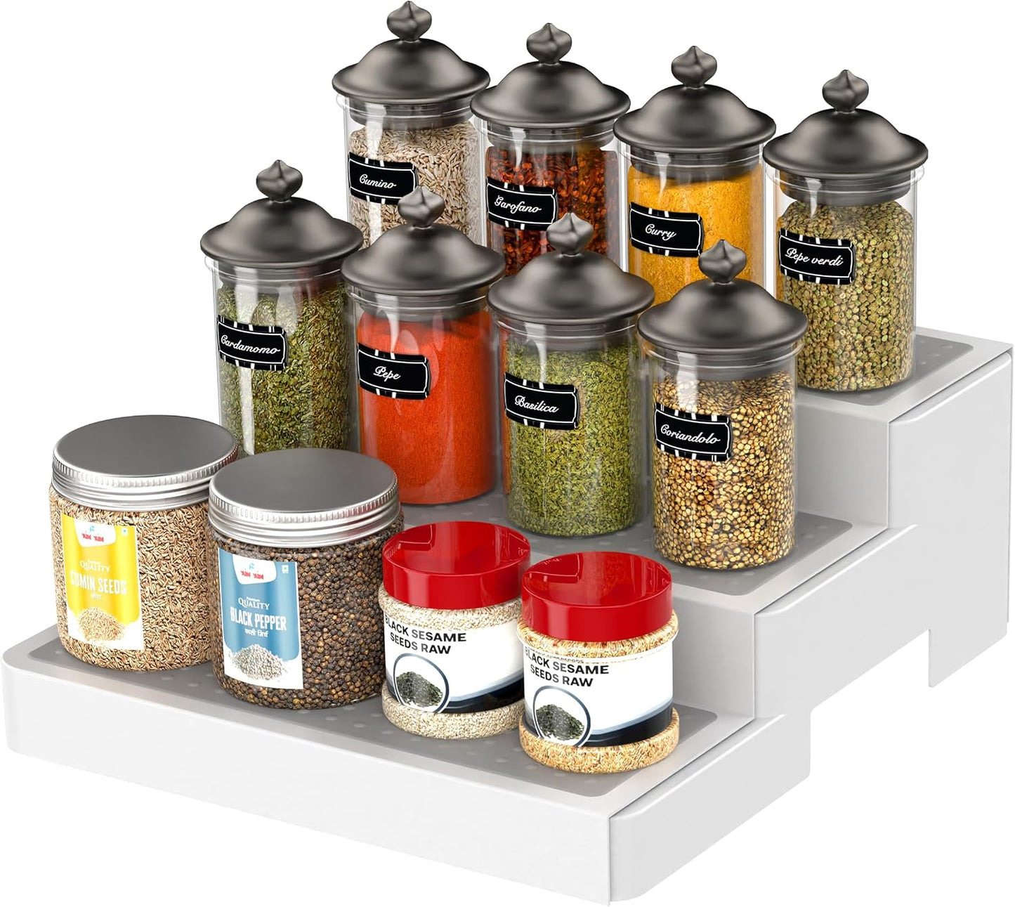 YAN & HIN Expandable Spice Rack Organizer for Cabinet (2 Pack), 3-Tier Tiered Spice Shelf Organizer with Non-Skid