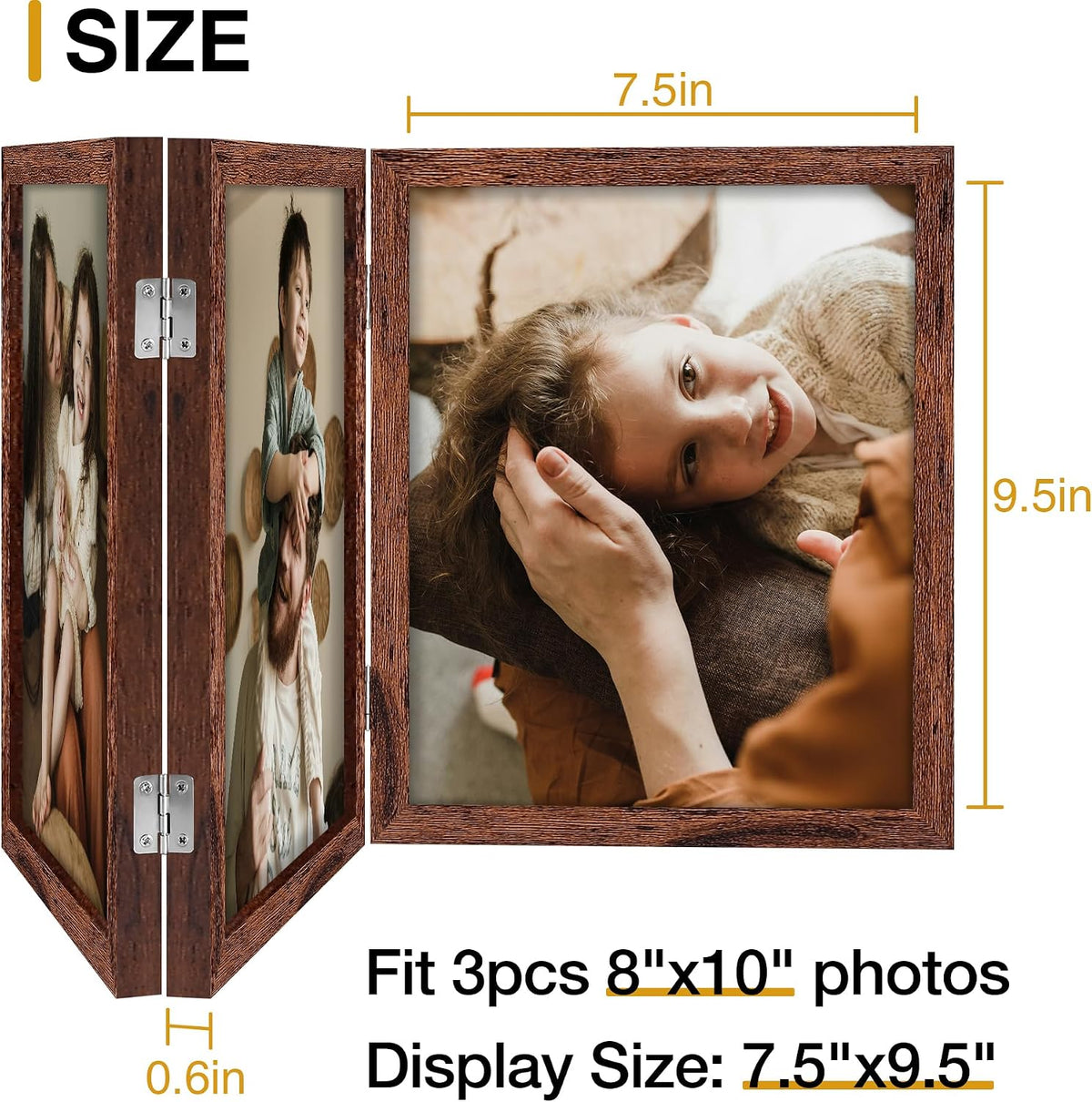 decorUhome Distressed Brown Triple 8x10 Picture Frame Vertical, MDDBN08 | "Z" Shape Folding Design Engineered Wood