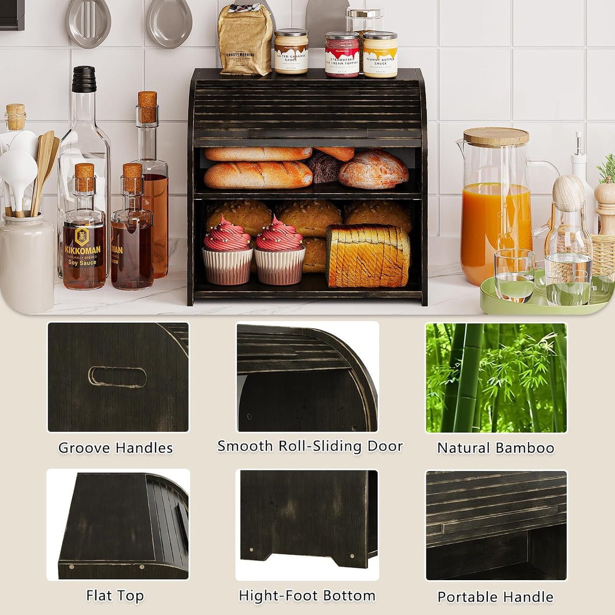 Trironsun Bamboo Roll Top Bread Box for Kitchen Countertop Large Capacity Bread Storage Bin 2 Layer Wooden Bread