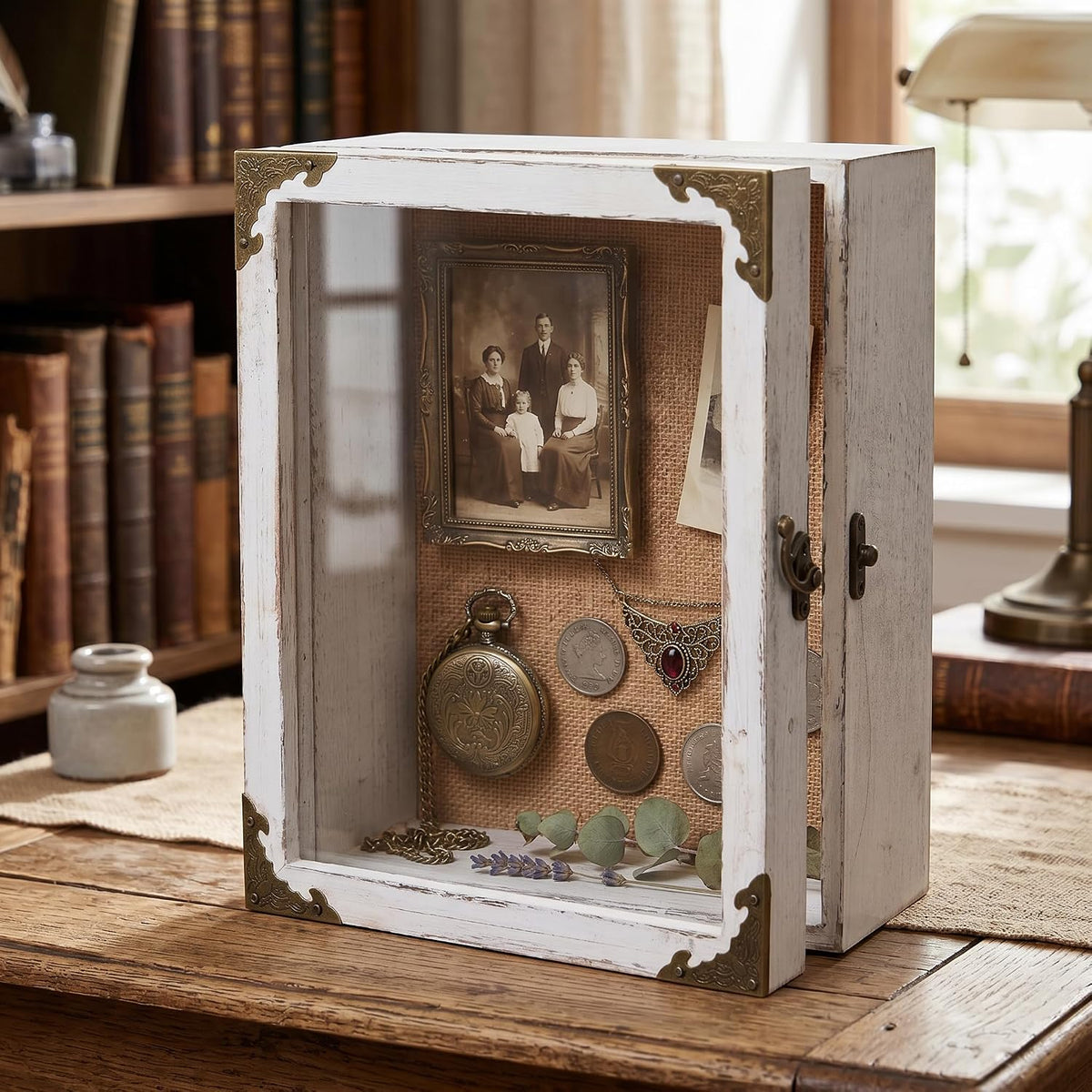 Deep Shadow Box Frame 8x10 with 3.5" Depth, White Wood Display Case with Real Glass Door, Vintage Lock, Extra Deep