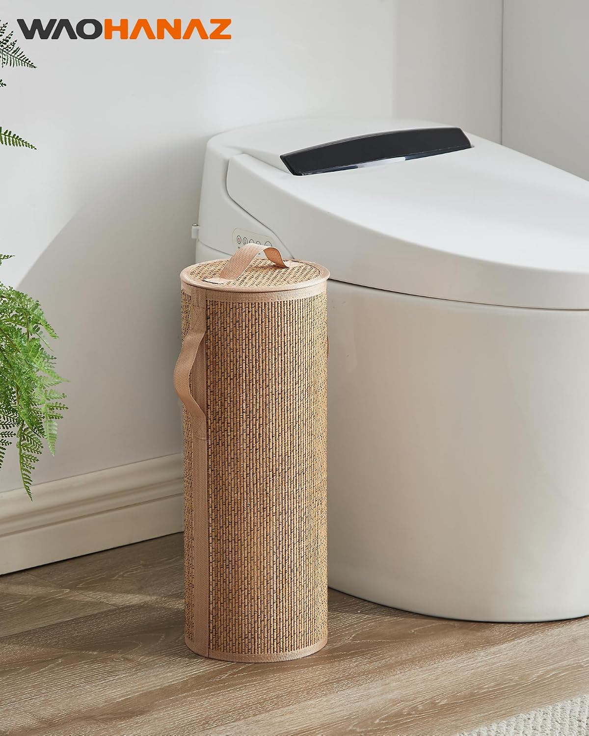 Bamboo Toilet Paper Storage Basket with Lid & Handle - 10L Handwoven Bathroom Organizer for 4 Rolls - Sturdy Stand