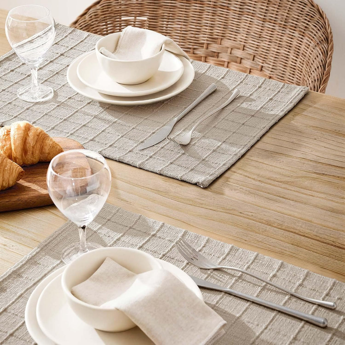 Artisanal Grid Decorative Linen Placemats Set of 6, Neutral Beige | Thick Heavy Textured Washed Linen Place Mats
