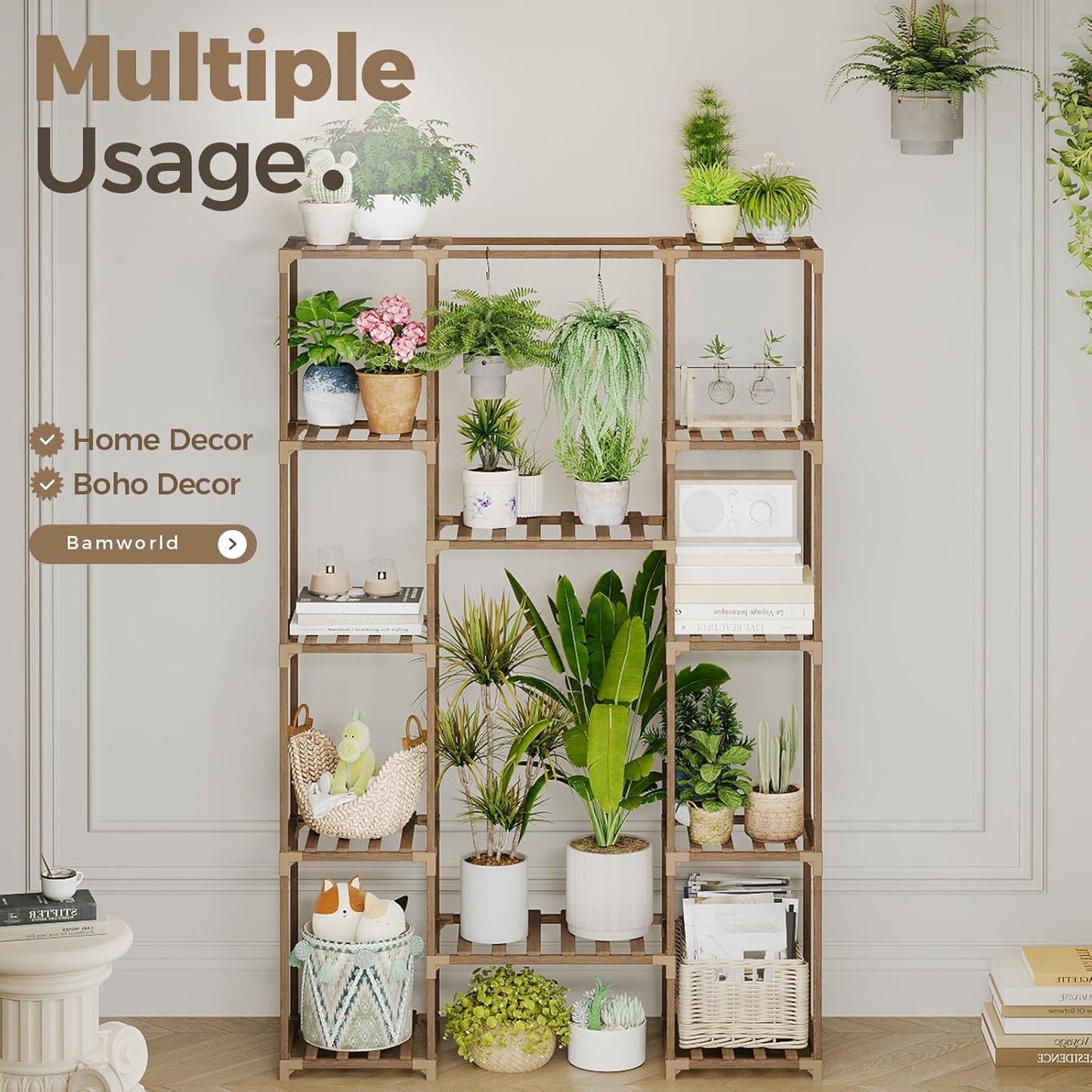 Bamworld 62.2'' Tall Plant Stand Indoor Large Plant Shelf for Multiple Plants Wood Flower Stand Outdoor Hanging Plant