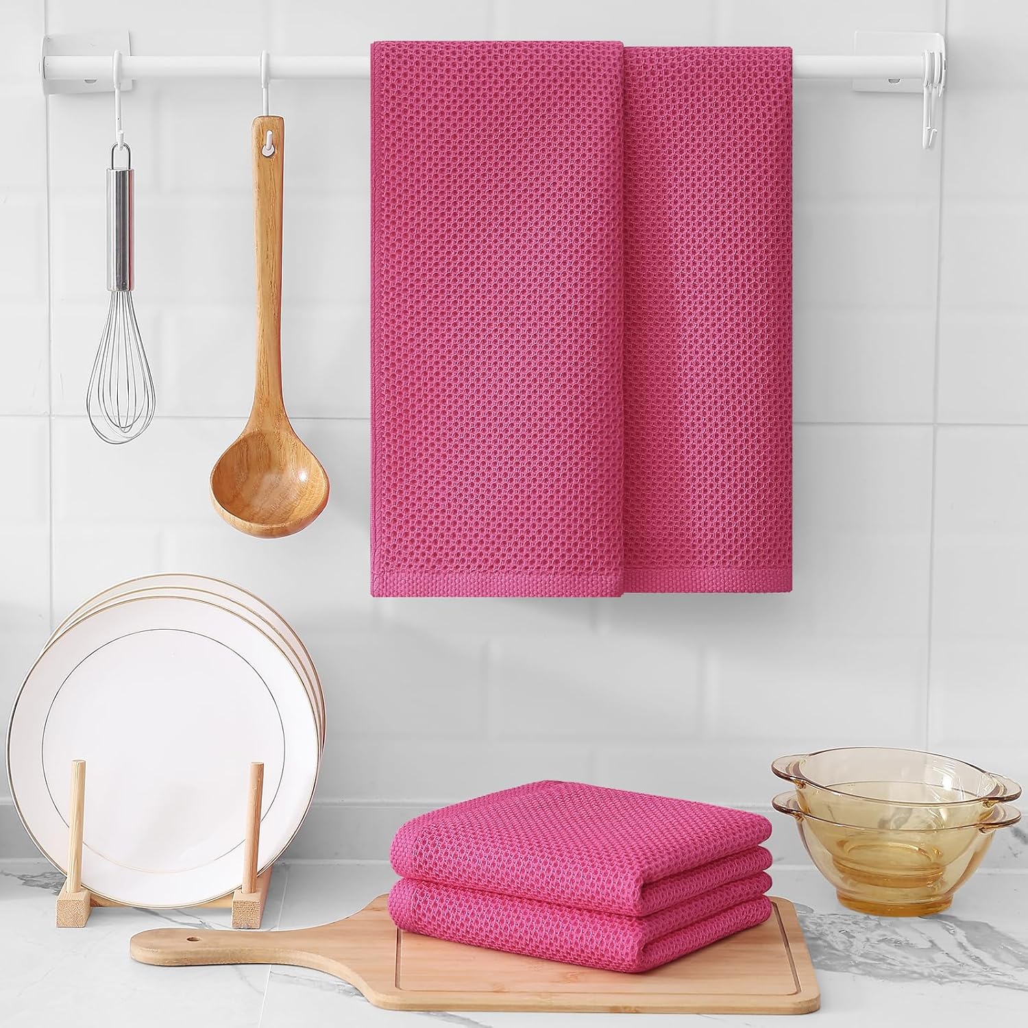 Kitinjoy 100% Cotton Waffle 12-Pack Kitchen Towels, 13" x 28", Hot Pink | Super Soft, Ultra-Absorbent, Fast Drying