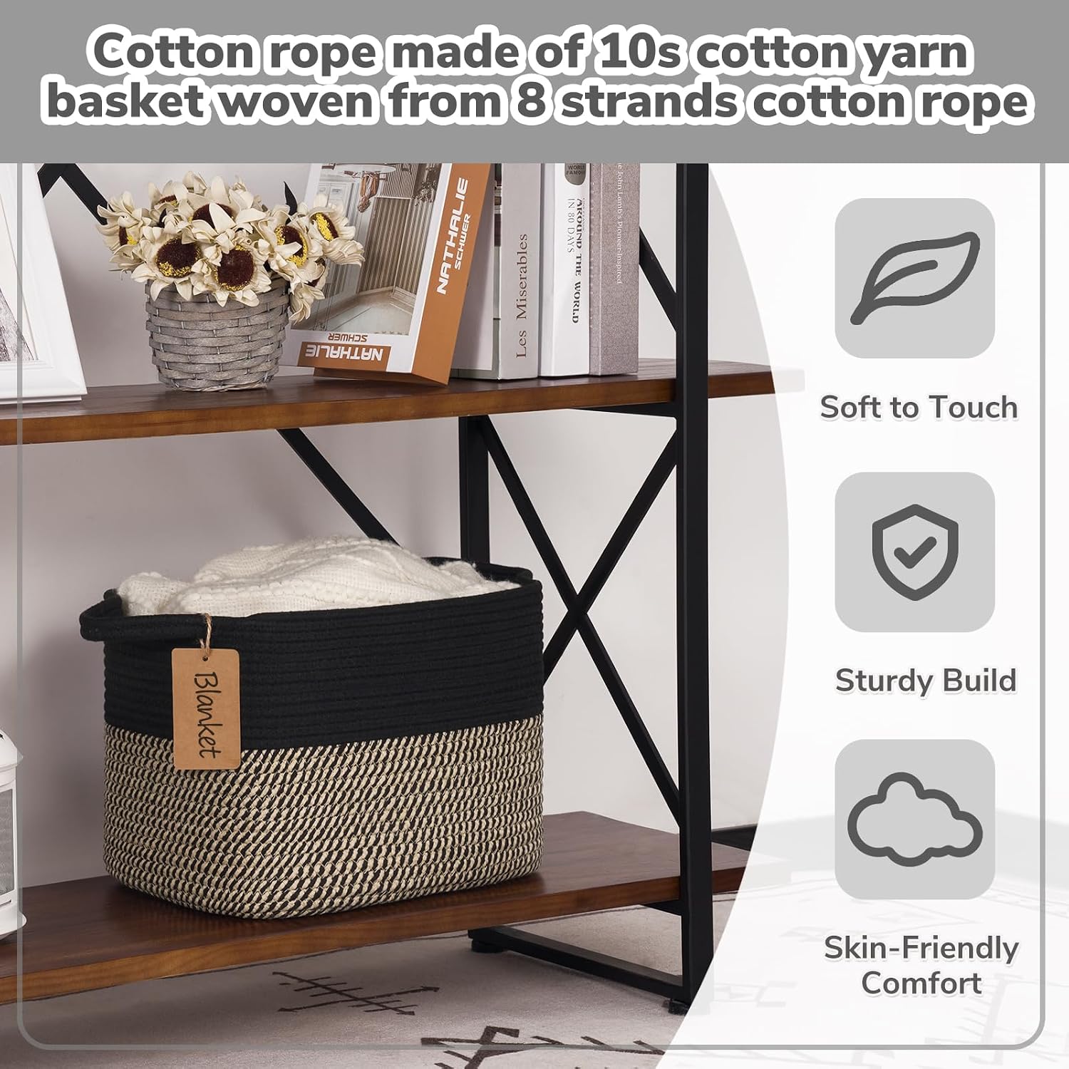 Woven Storage Basket / Black Jute / 13"L x 10"W x 9"H