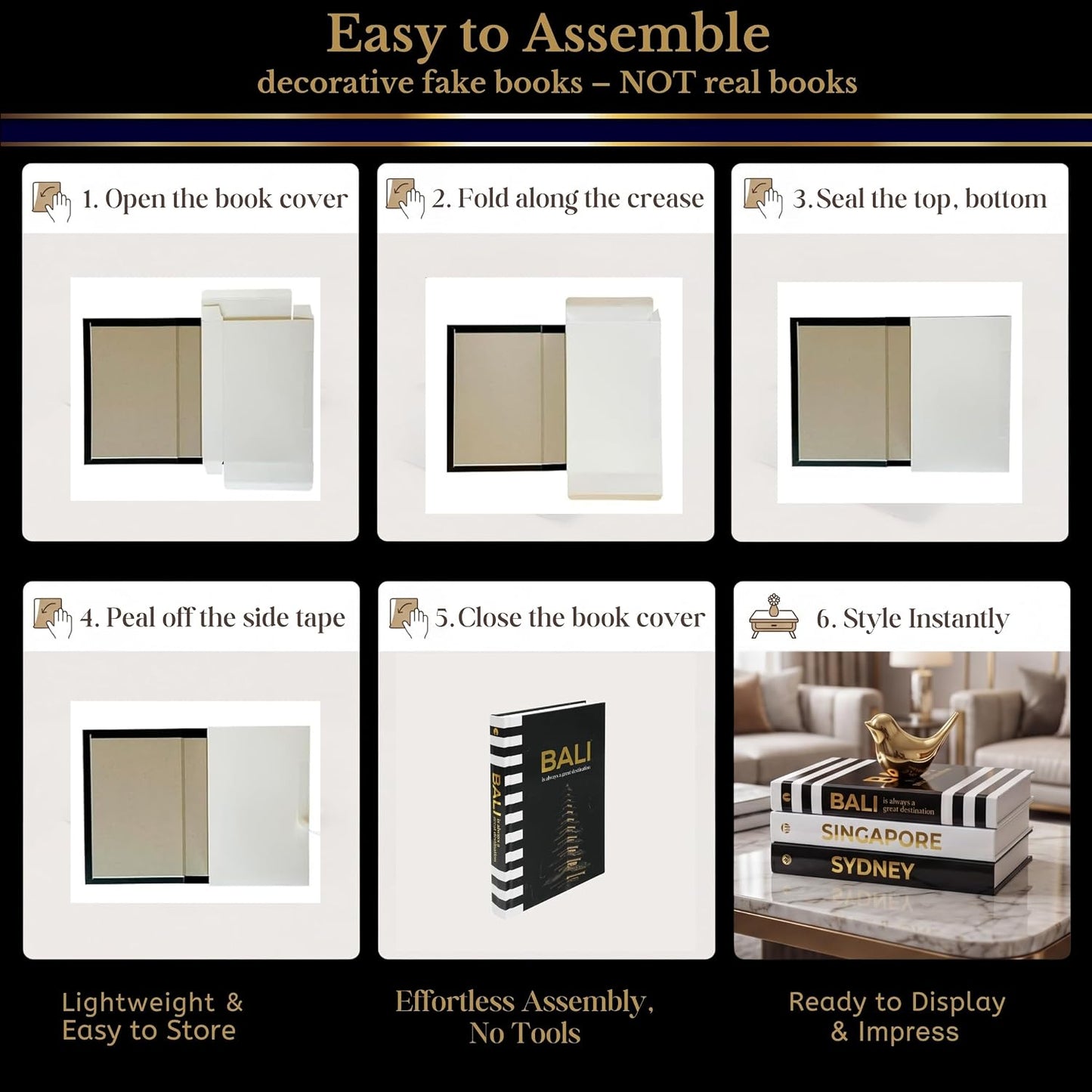 Decorative Books / Gold Foiled Decor Books / Black