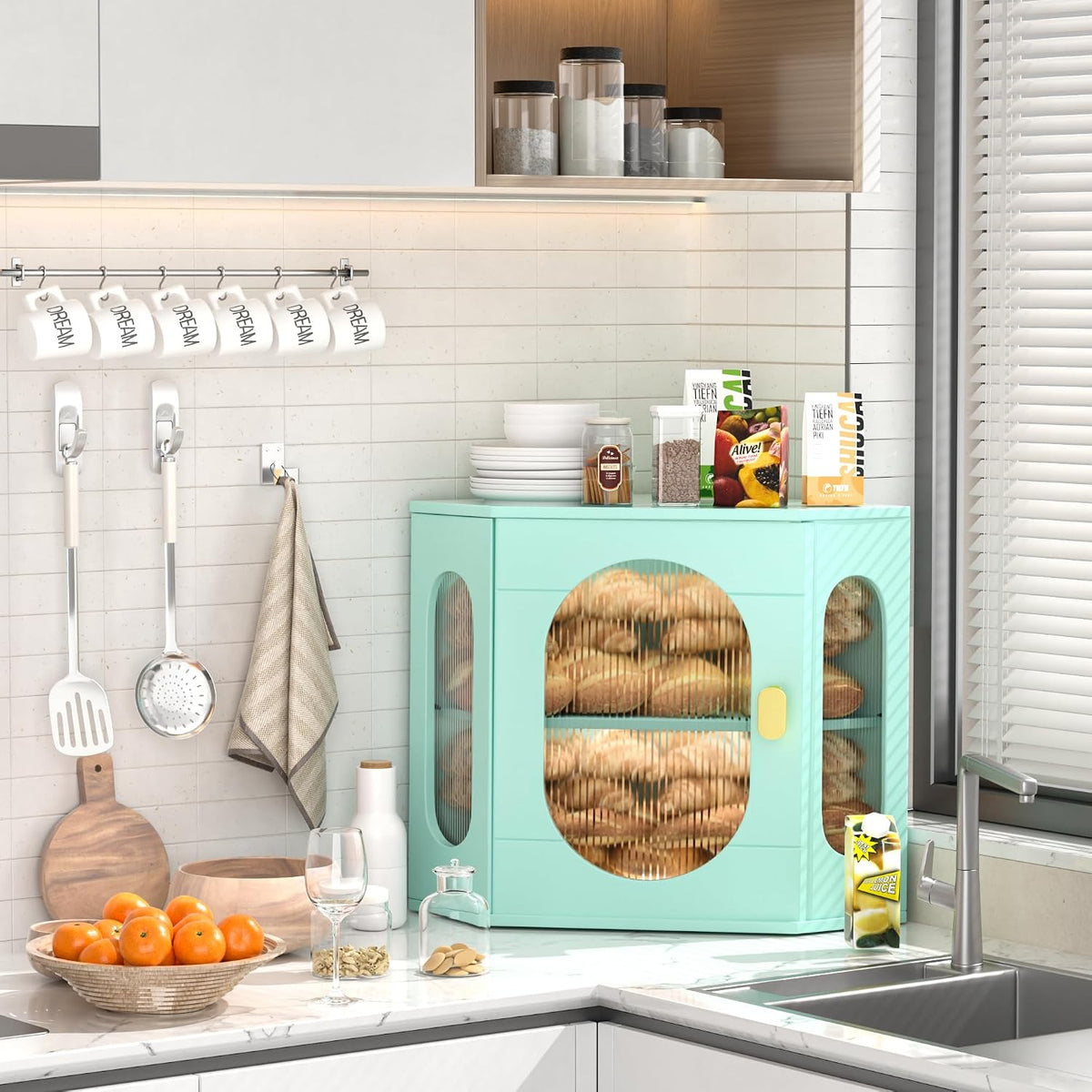 Corner Bread Box for Kitchen Countertop, Large Wooden Bread Box, Double Layer Bread Storage Bin, Bamboo Breadbox for