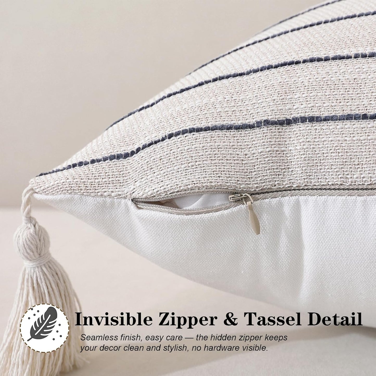 Decorative Boho Throw Pillow Covers / Navy Blue Striped / 18 x 18 / Set of 2