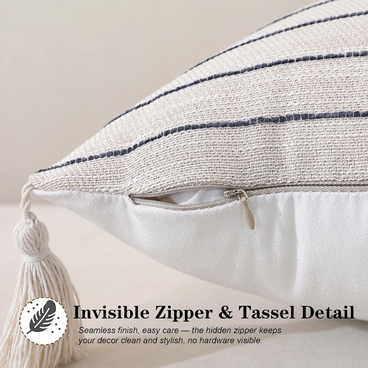 Decorative Boho Throw Pillow Covers / Navy Blue Striped / 18 x 18 / Set of 2